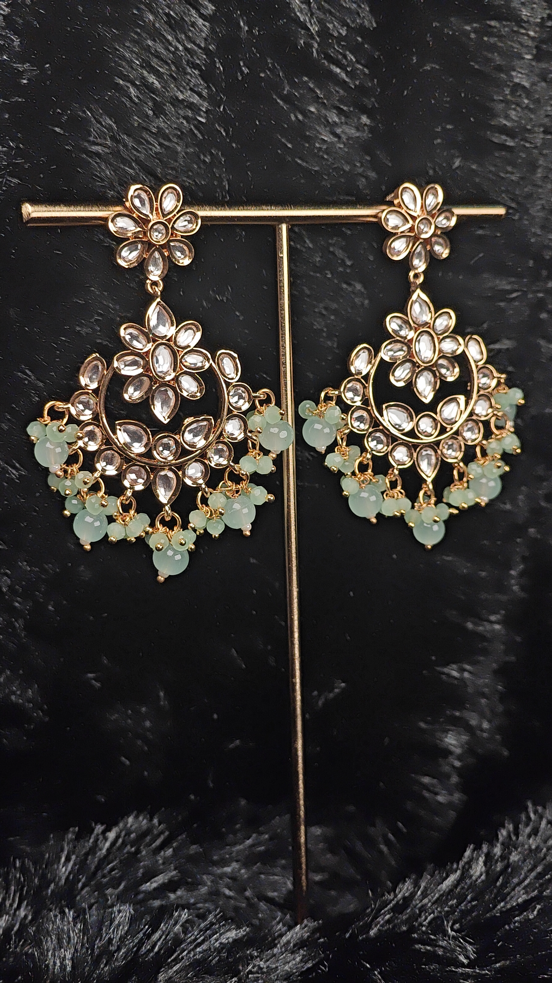 Mint Green Kundan Floral Chandbali Earrings