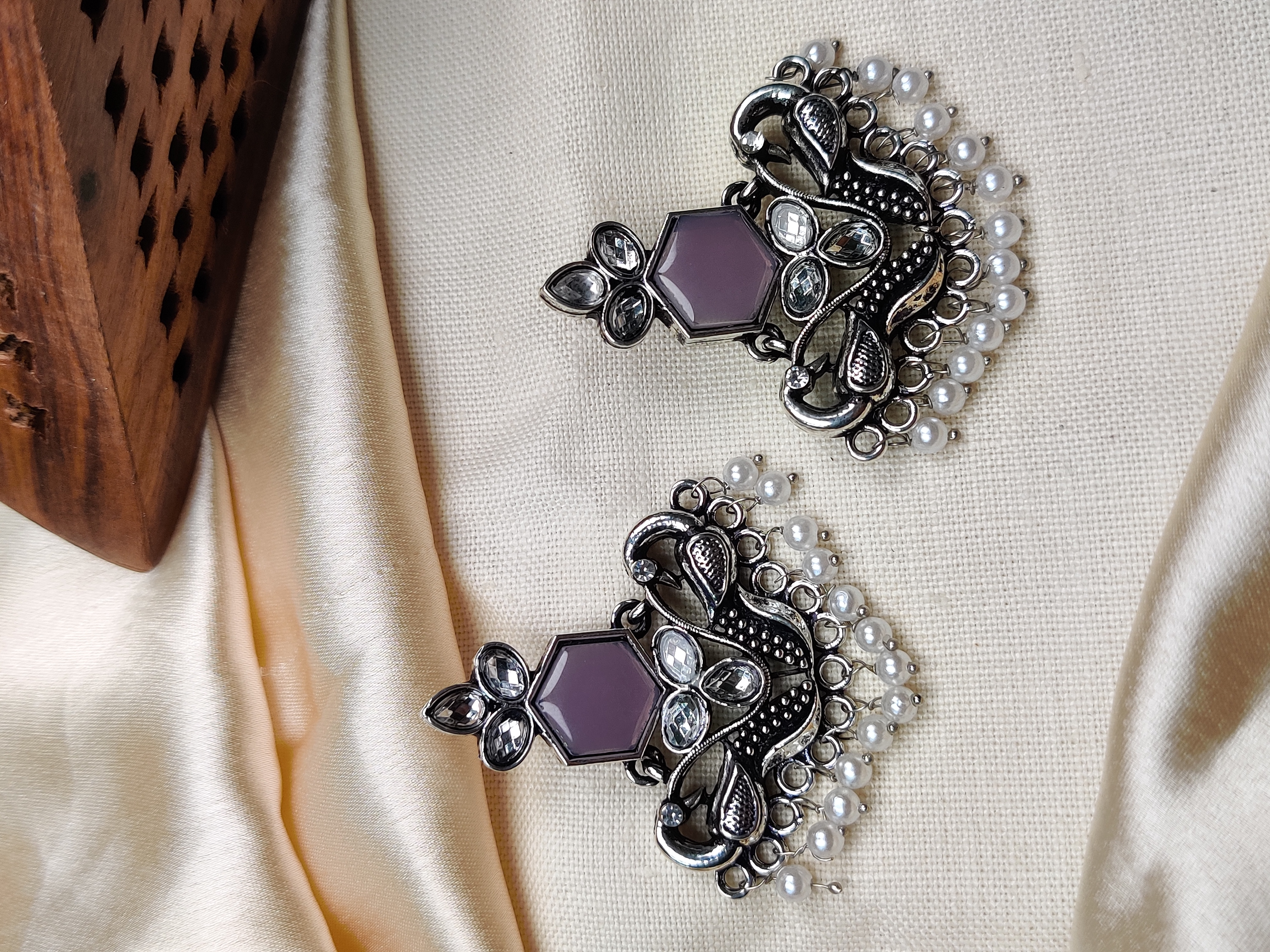 Silver peacock earrings with purple stone & pearl beads