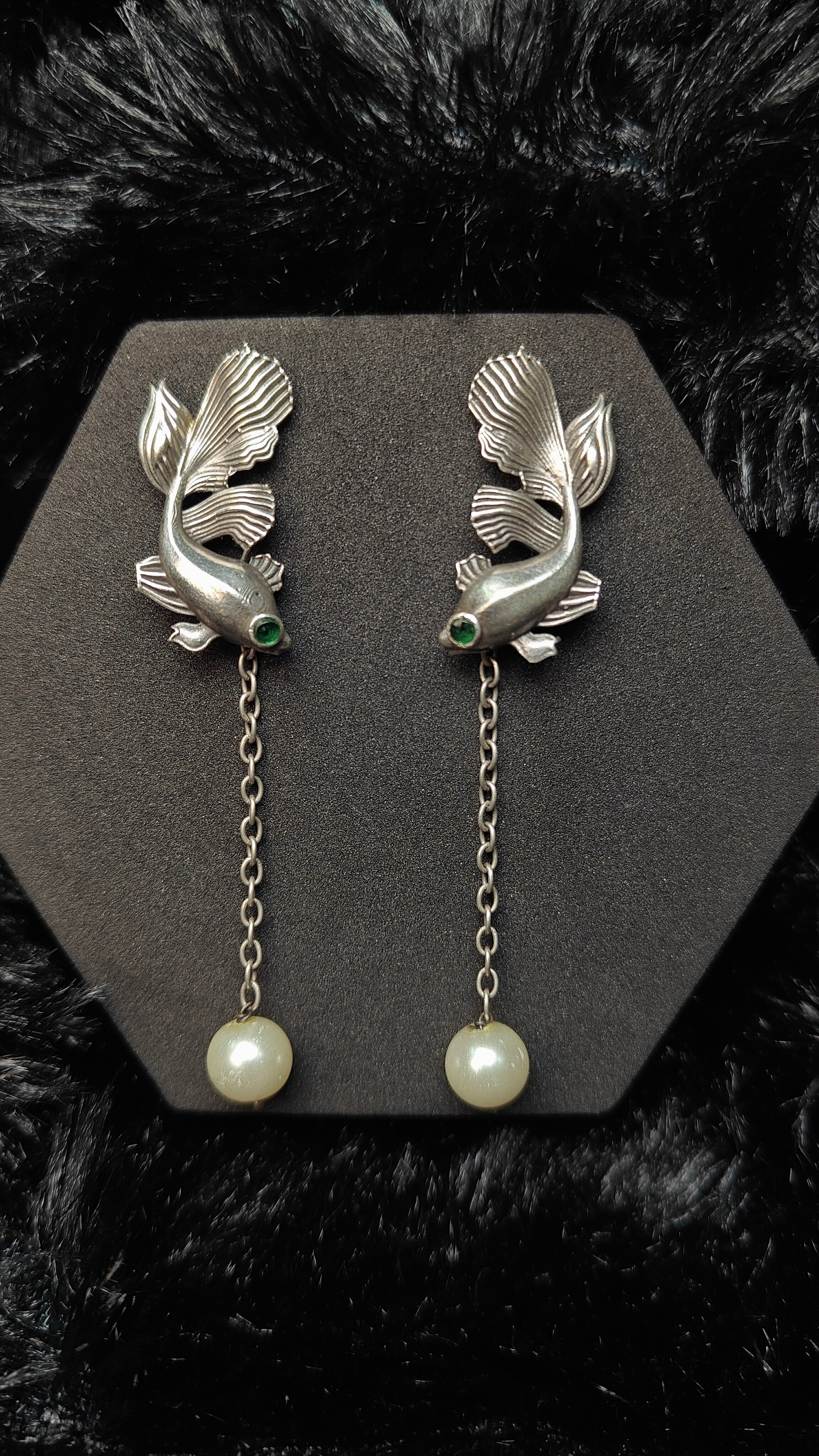 Silver Fish With green, blue and pink Stones Eyes & Pearl Drop
