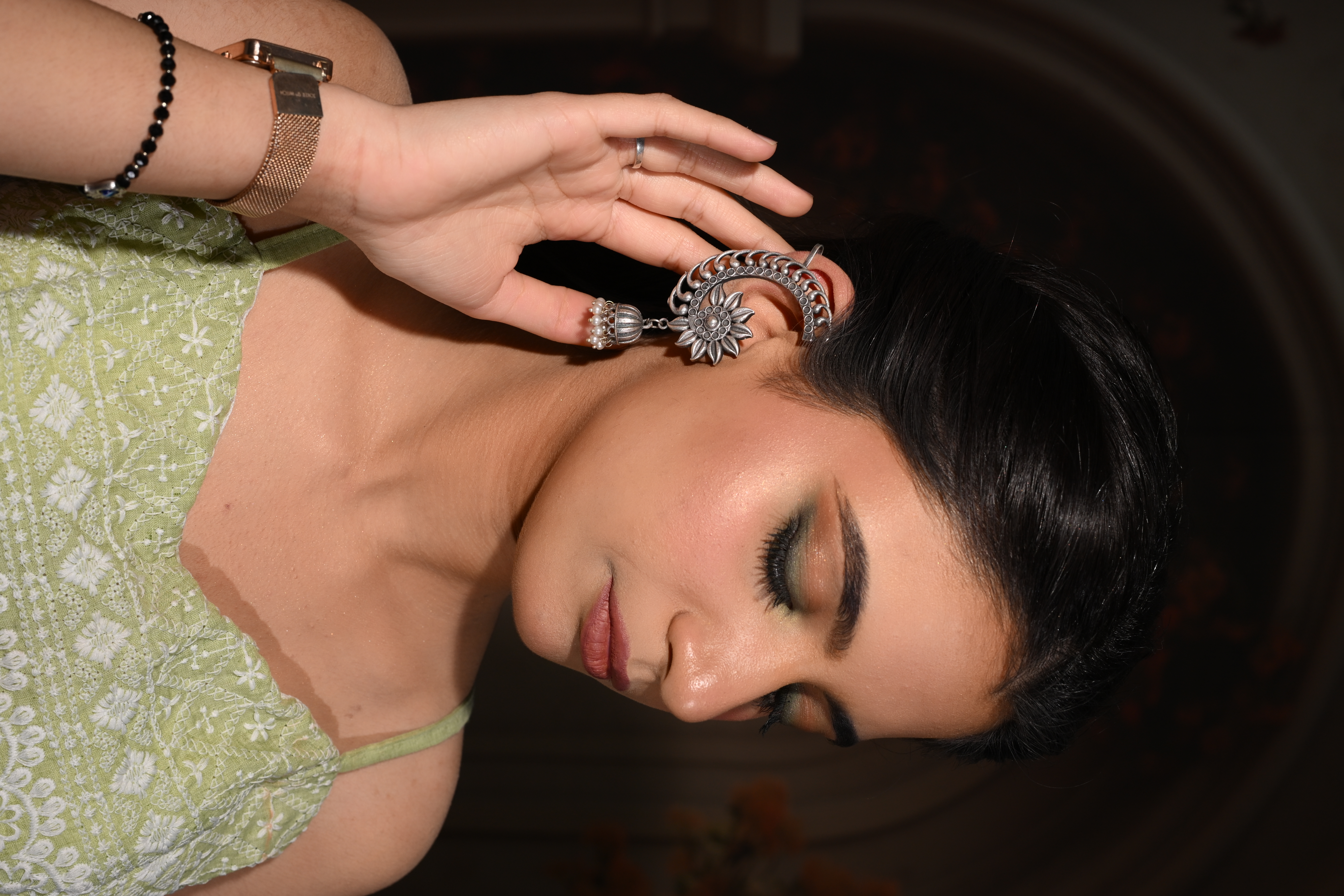 Oxidised crescent sunflower ear cuffs jhumki