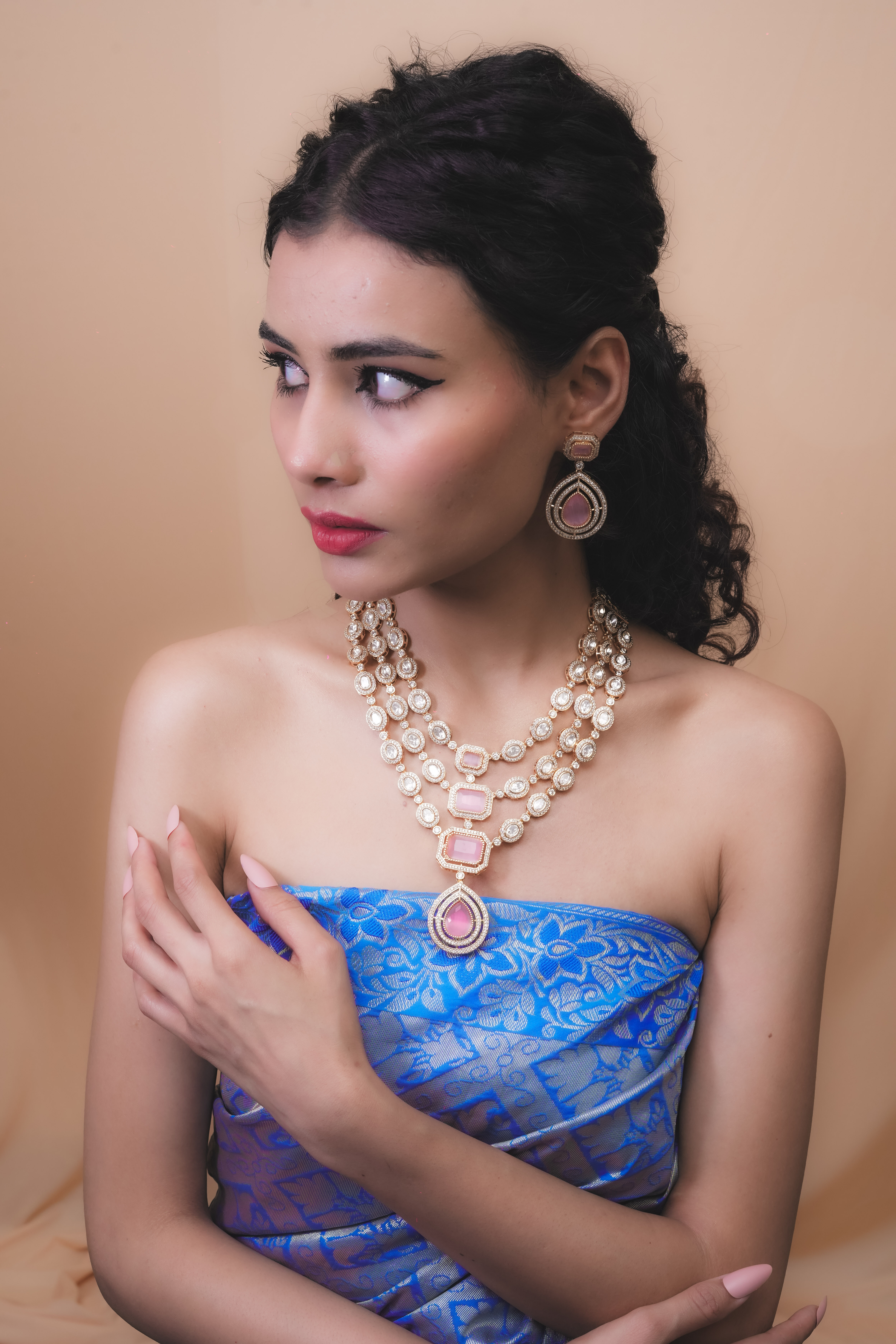 Triple Strand Pink CZ Kundan Necklace