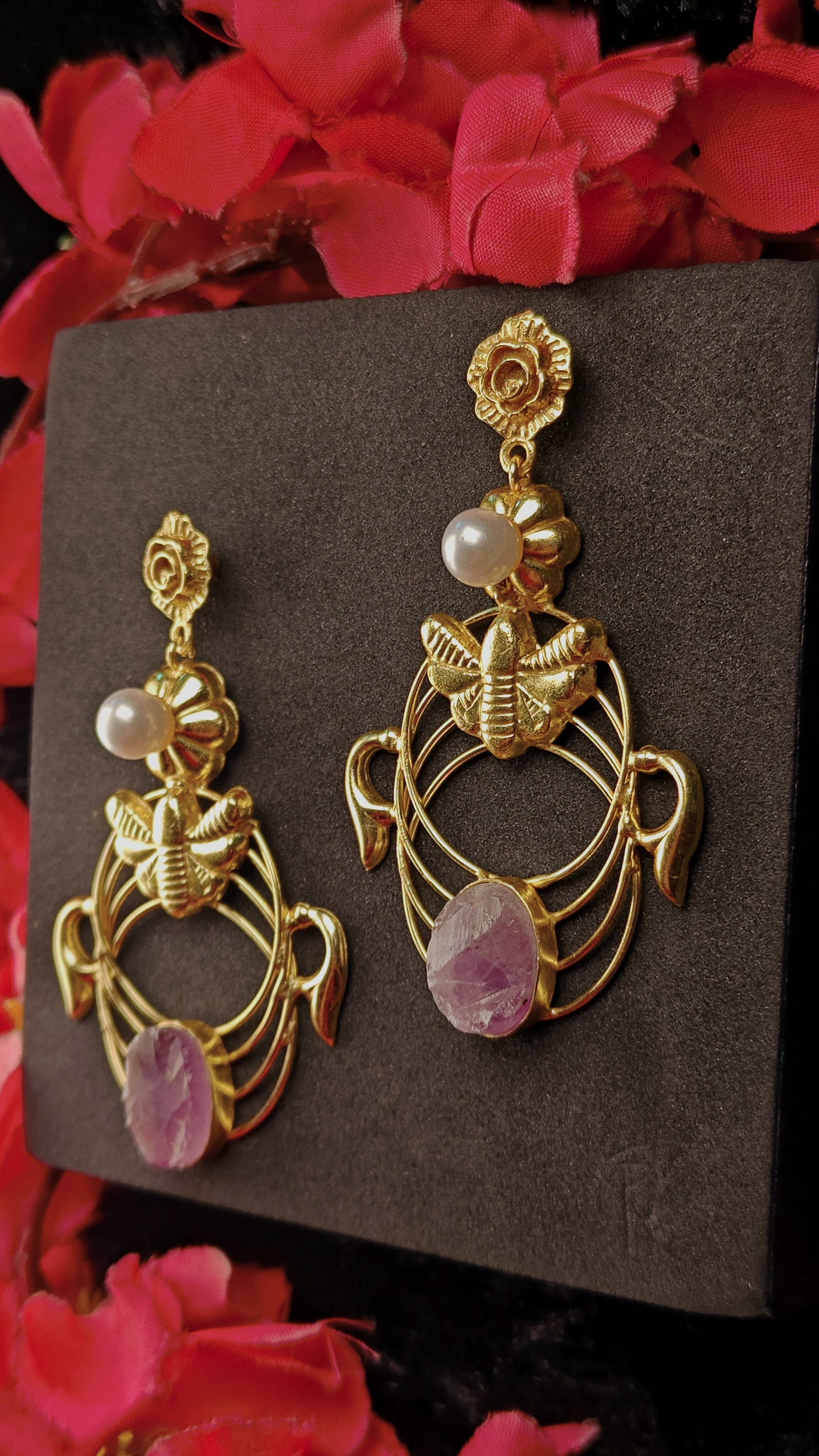 Gold-Plated Bee Motif Earrings With Pearl & Amethyst Stones 