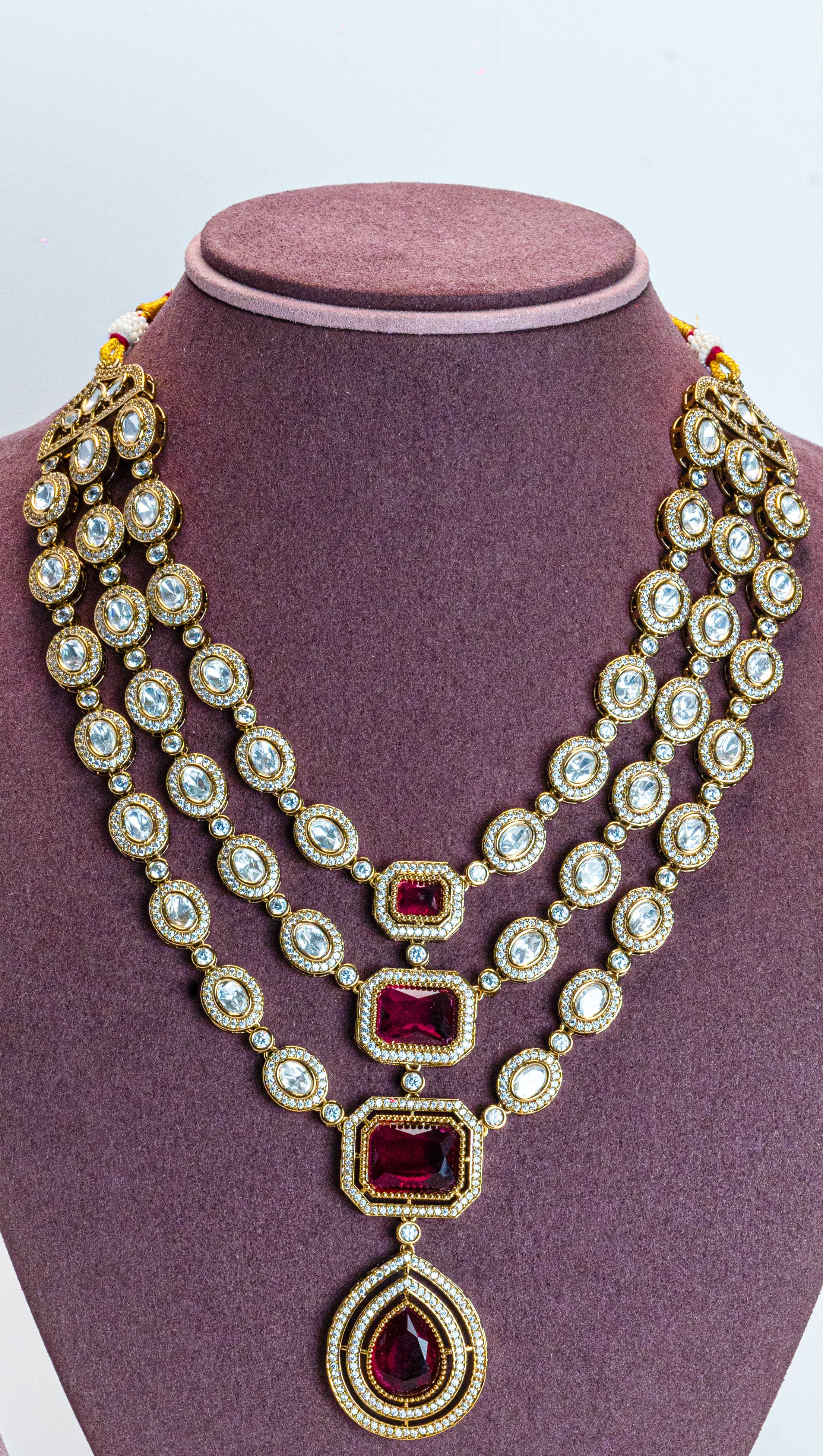 Antique Red CZ Three Line Necklace