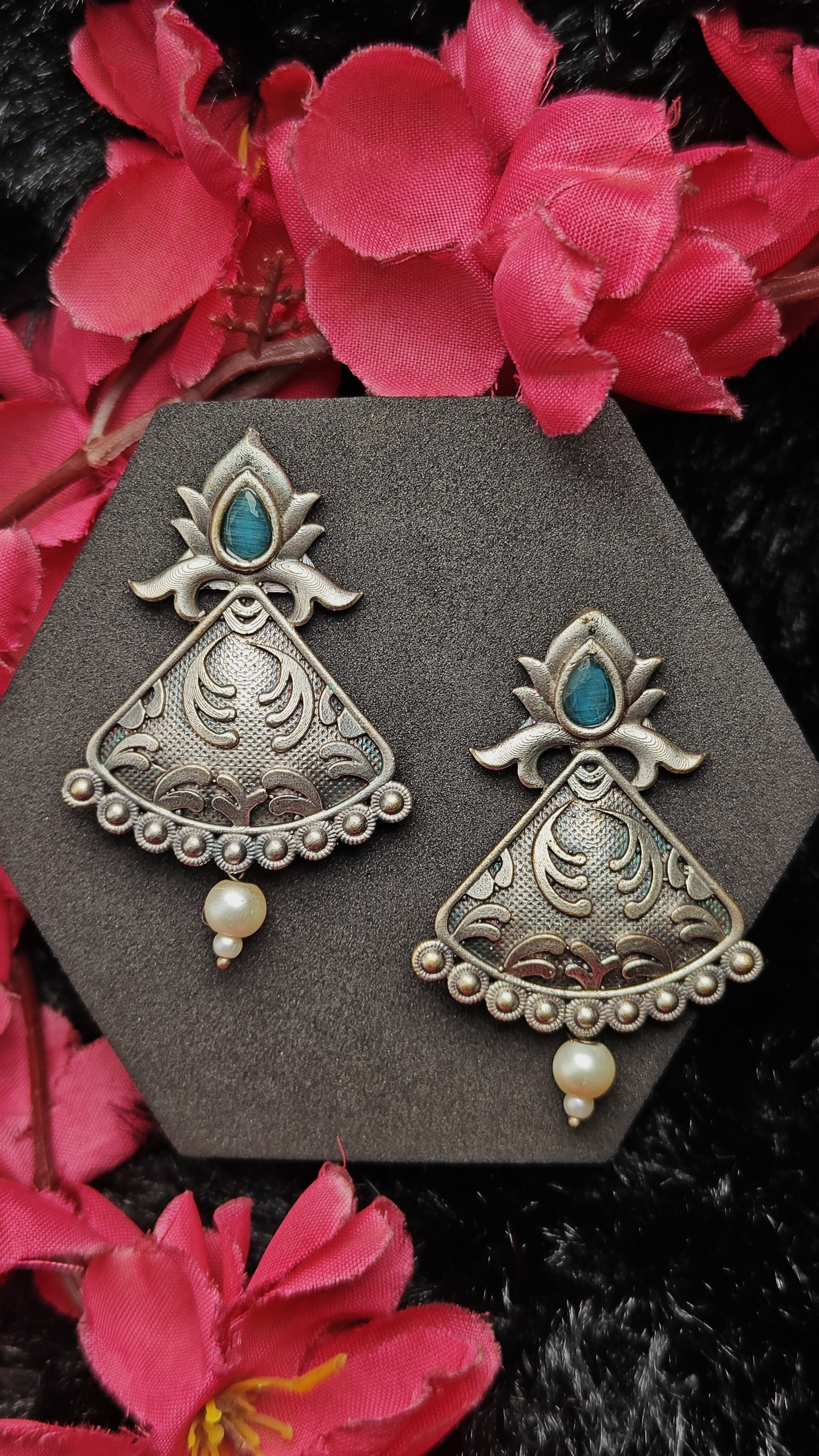 Oxidized silver blue stone filigree drop earrings