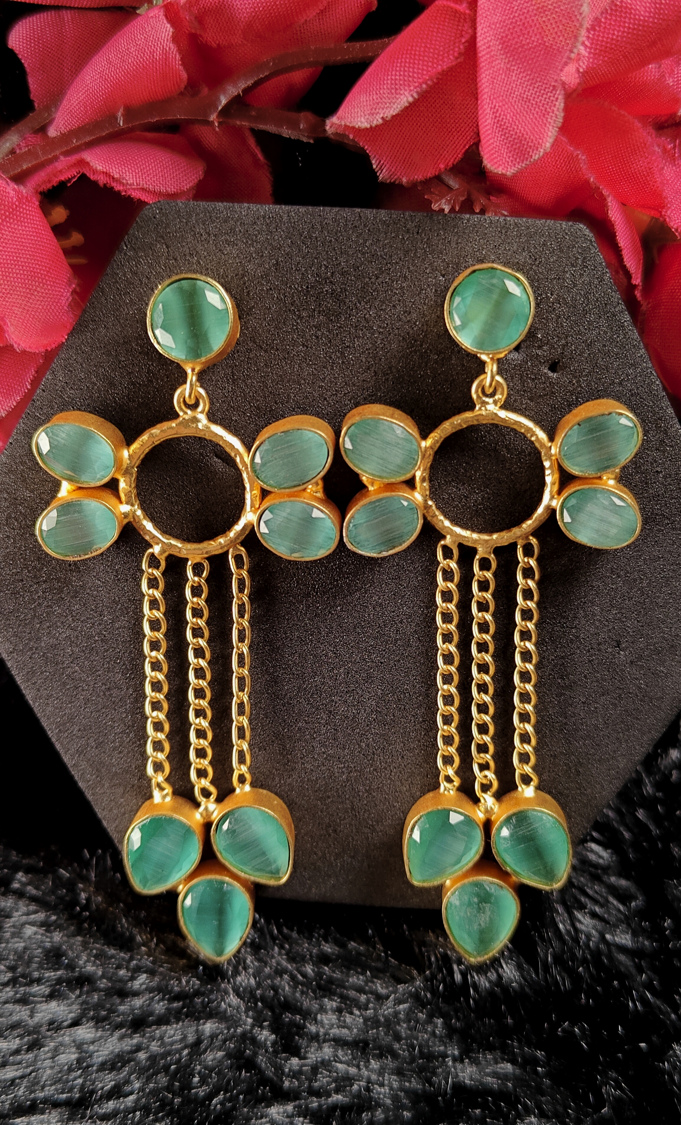 Green Petal Long Drop Earrings