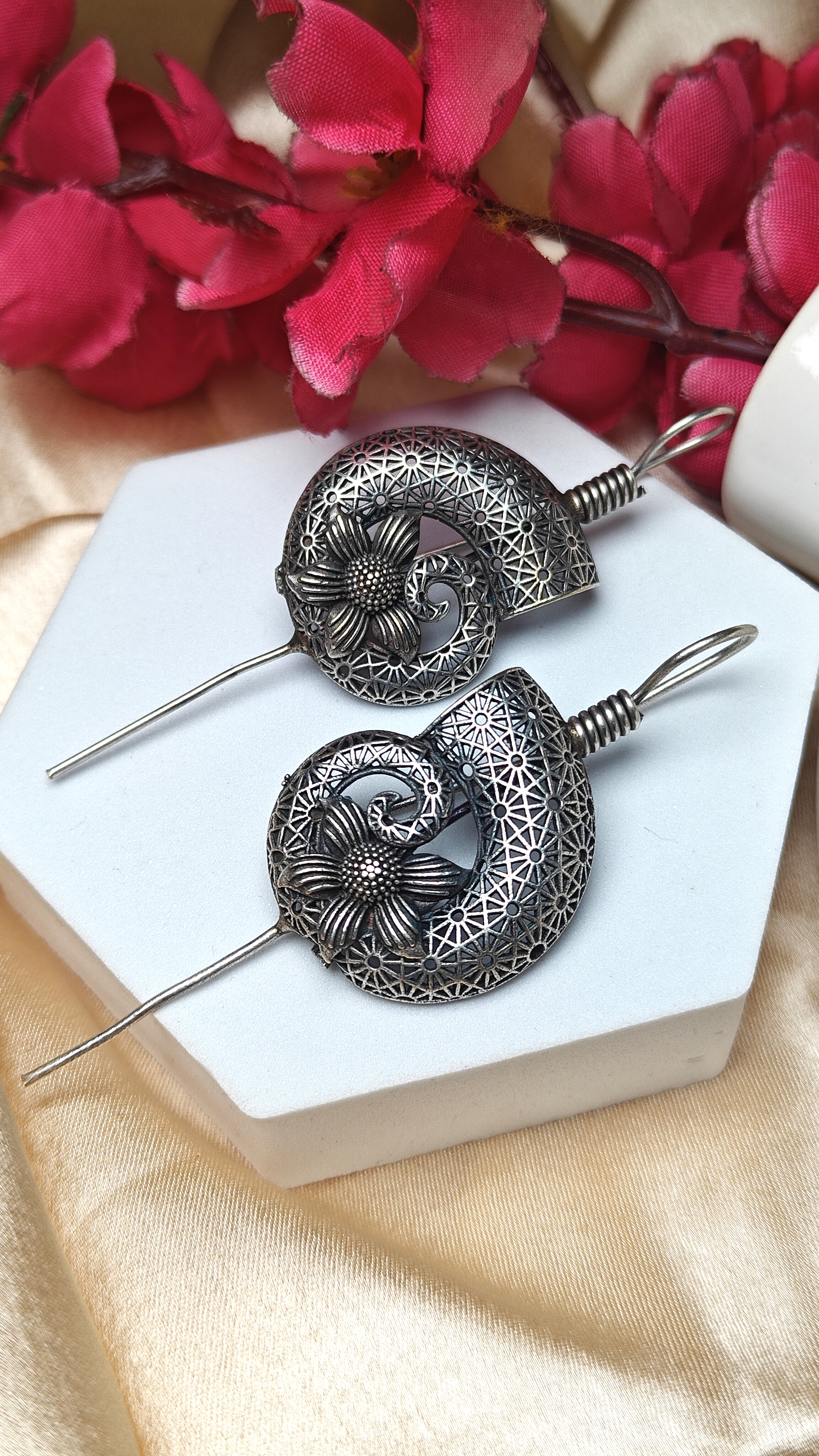 Antique Silver Floral Spiral Ear Cuffs 