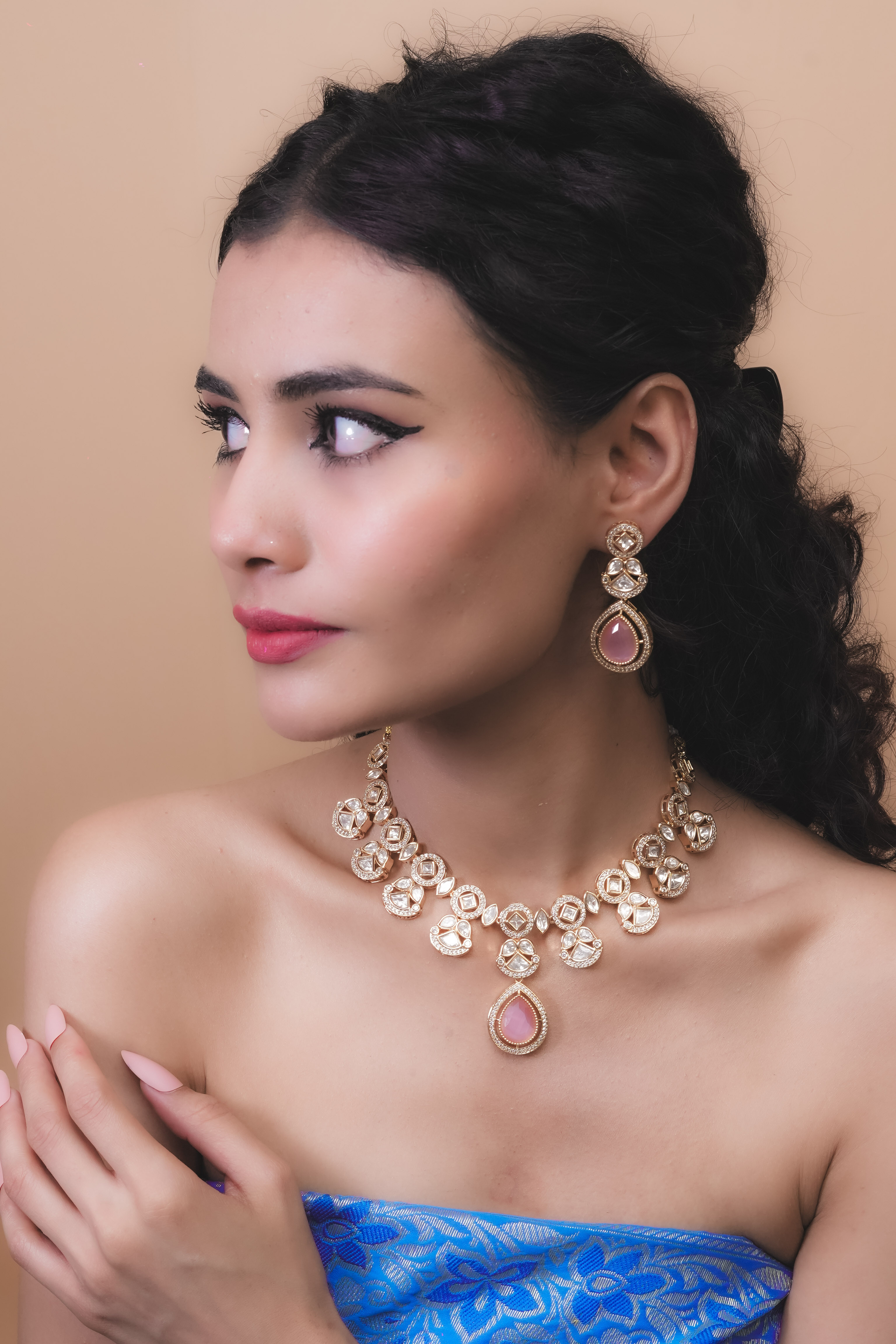 Regal Pink CZ Kundan Necklace