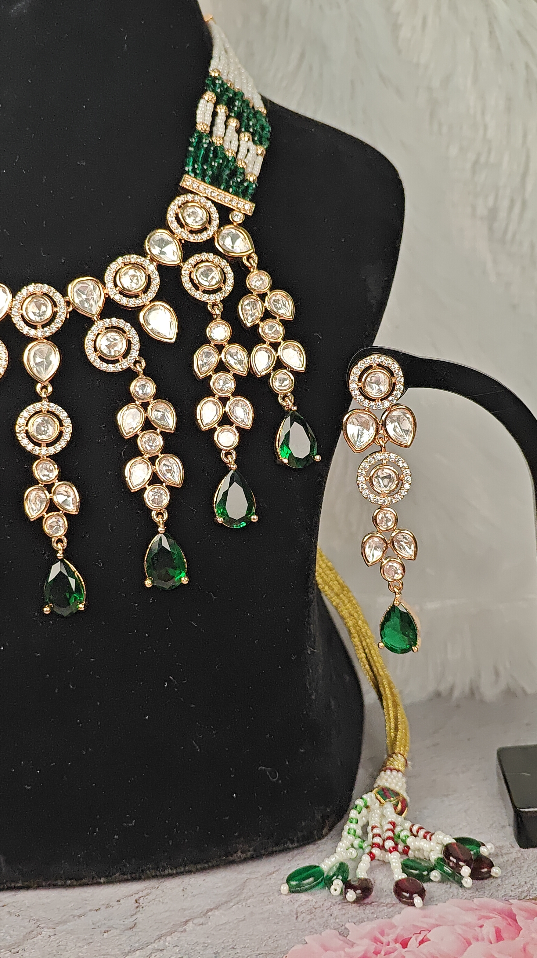 Bridal Kundan Necklace Set with Emerald Green Drops