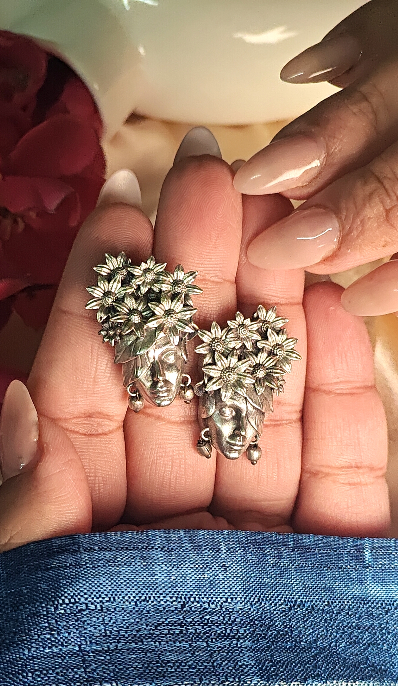 Silver Floral Crown Face Stud Earrings