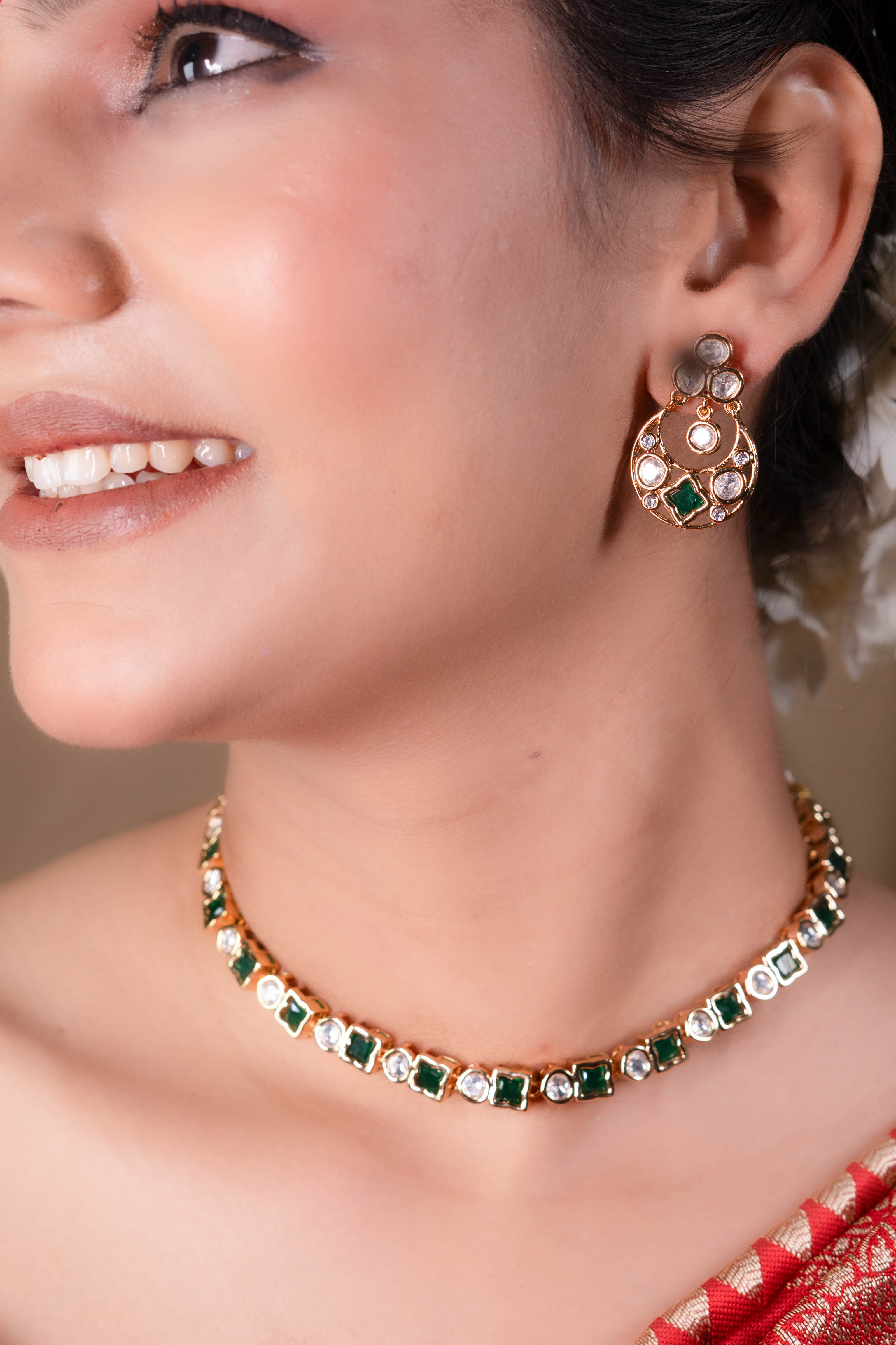 Gold Plated Green CZ Kundan Necklace