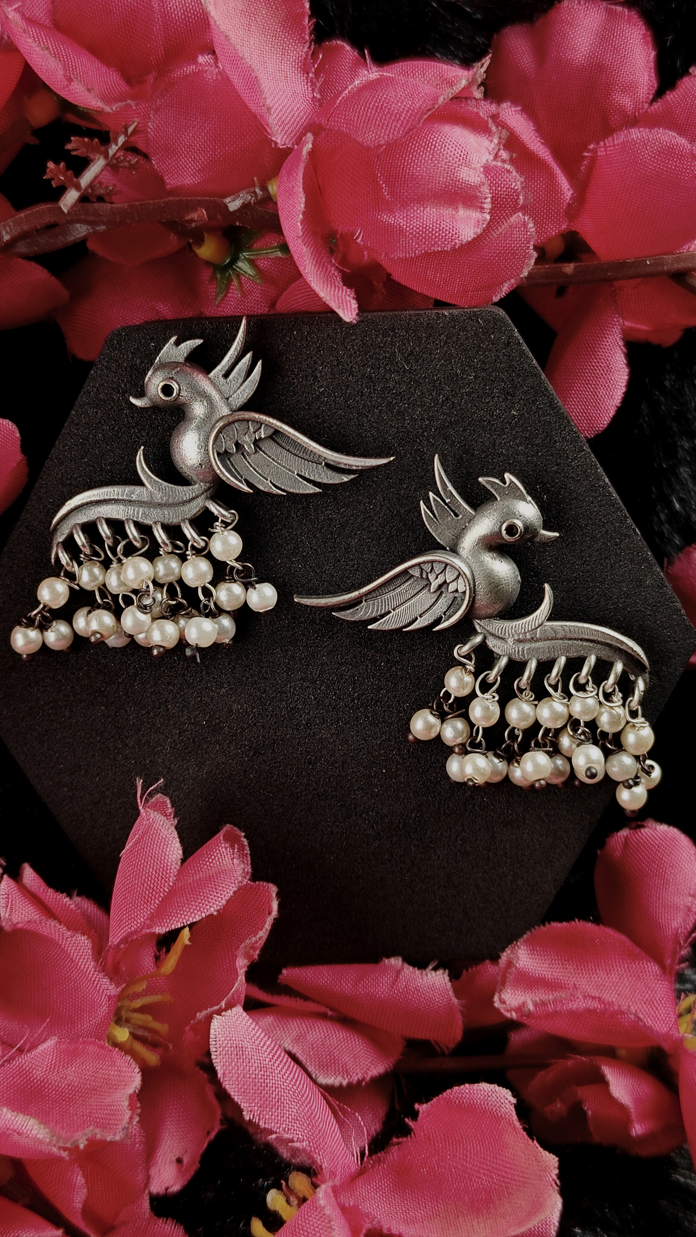 Silver Twin Bird Jhumka With Pearl Danglers