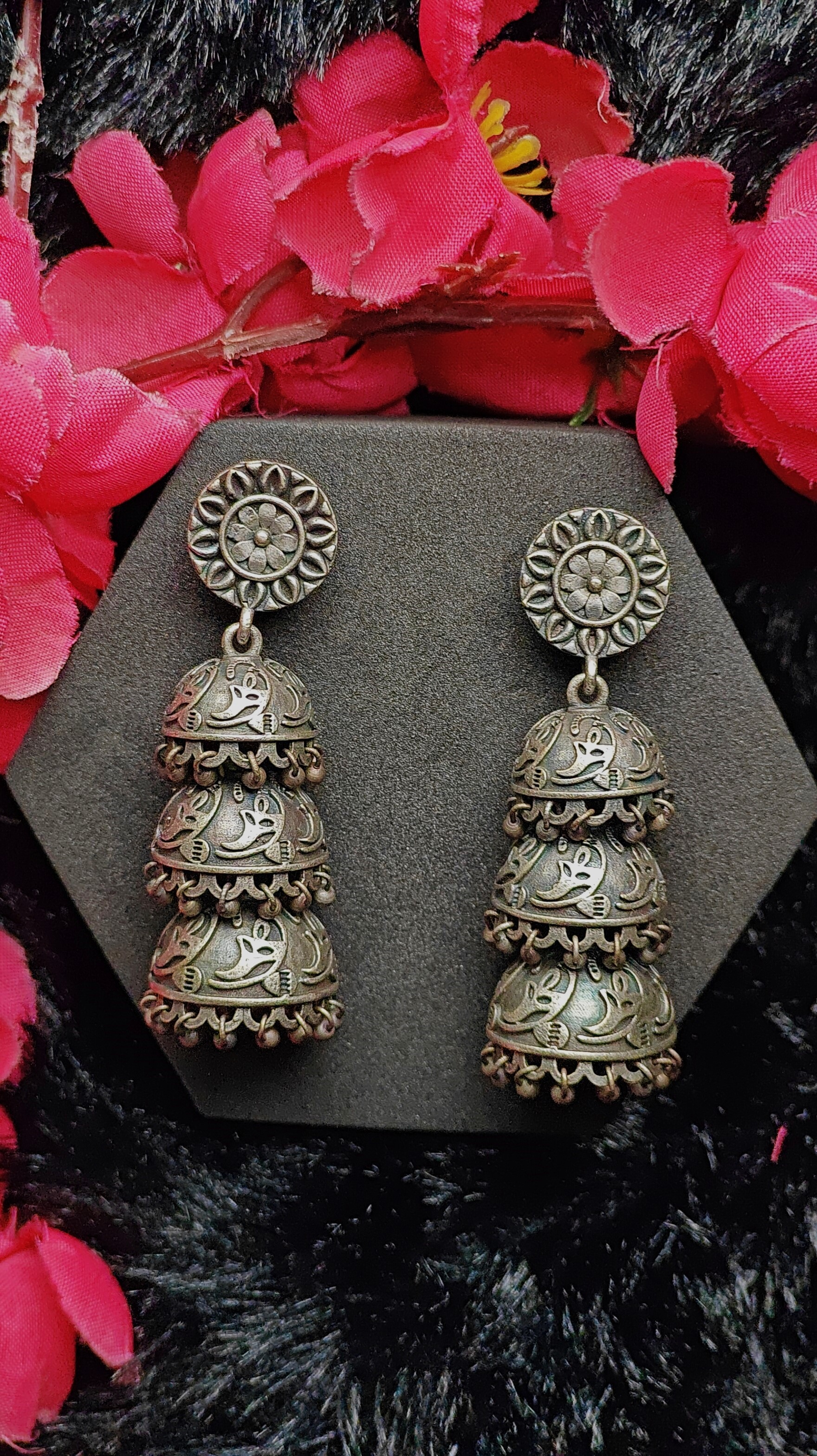 Triple Layer Silver Jhumka Earrings 