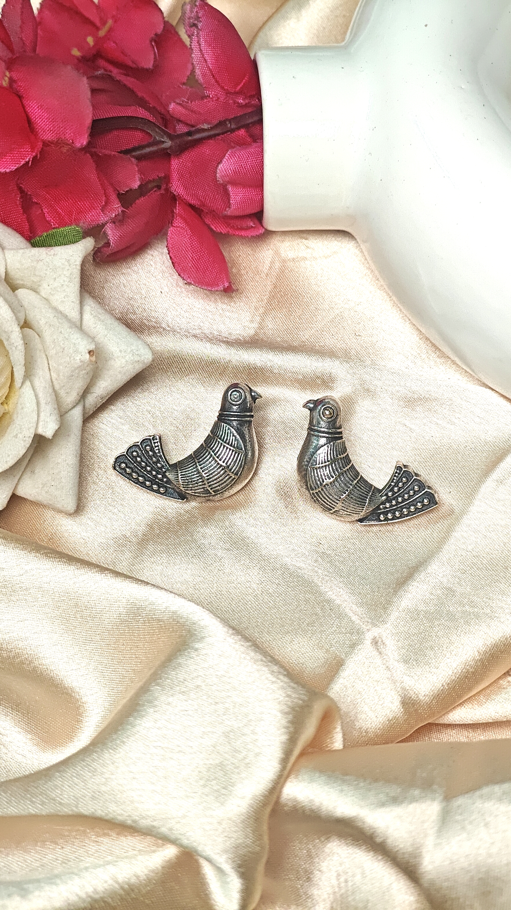 Antique Silver Bird Motif Dangle Earrings