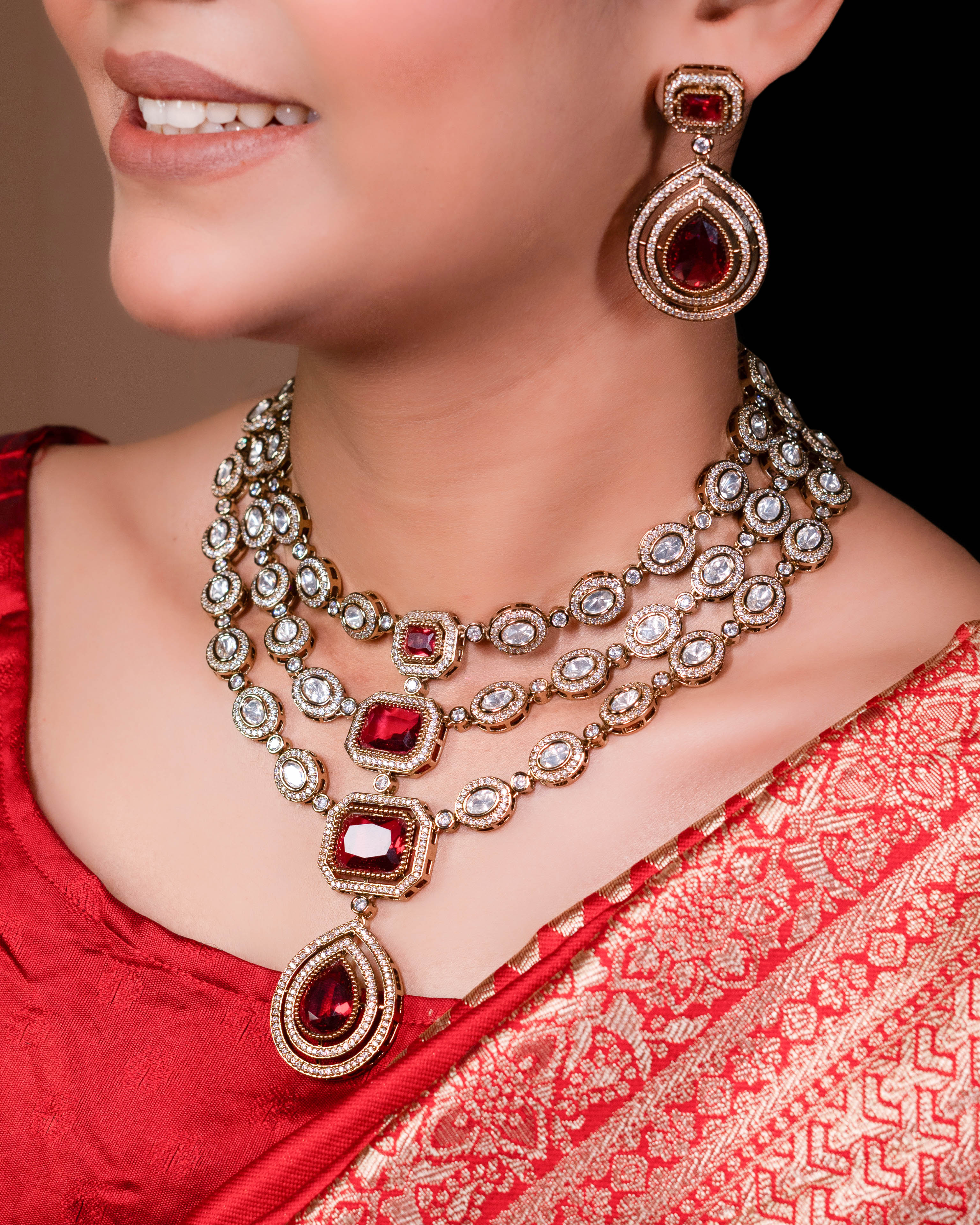 Antique Red CZ Three Line Necklace