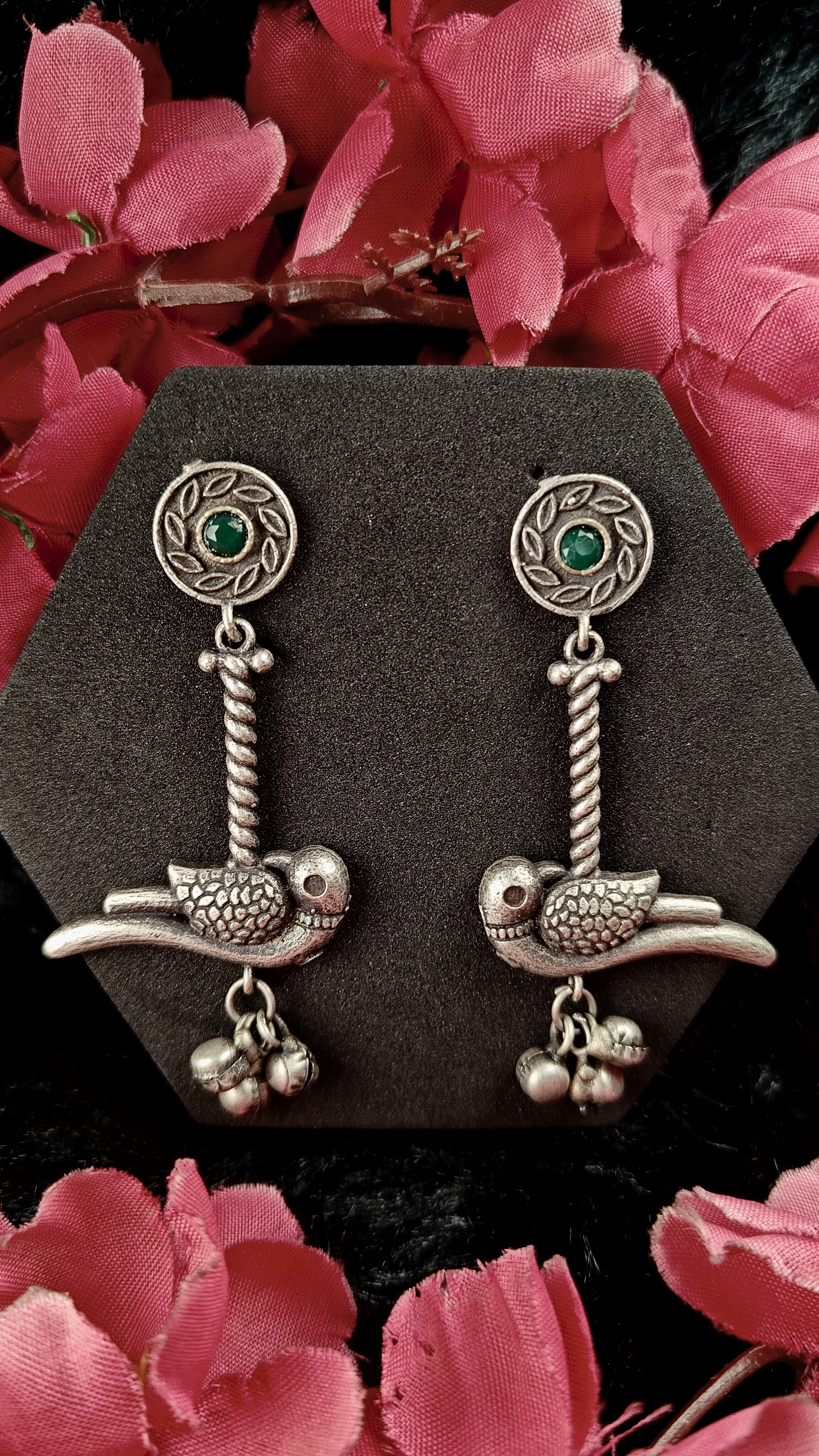 Oxidized Tribal Bird Earrings with Green Stone