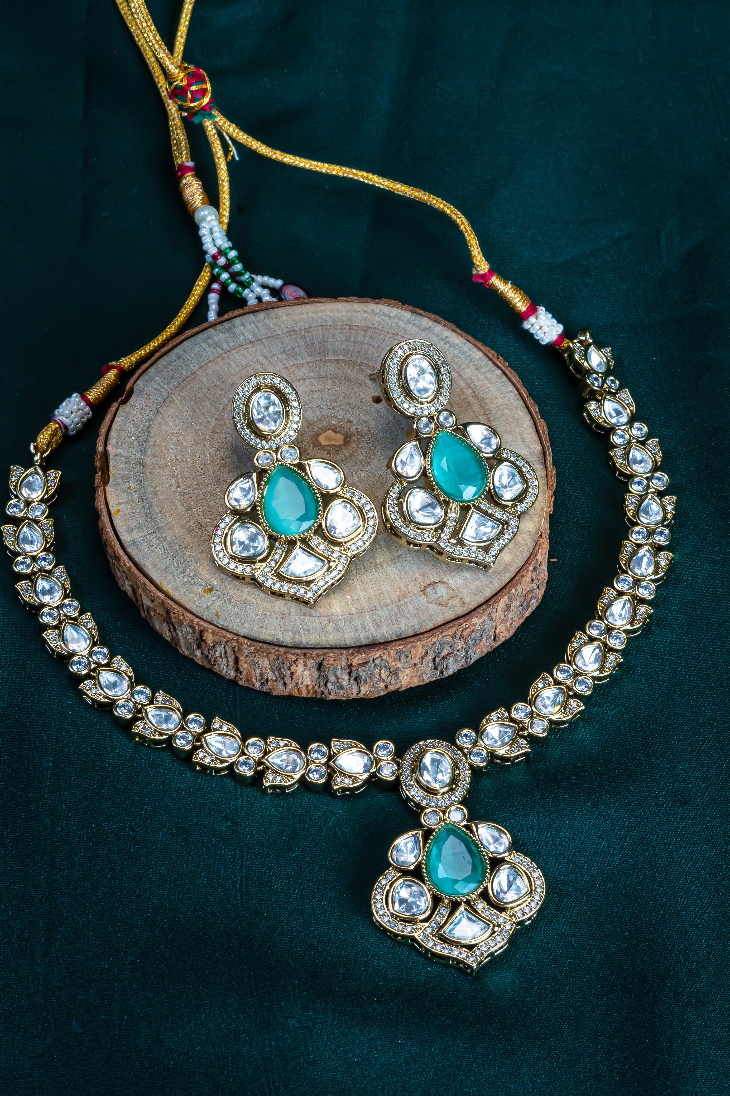 Gold Finish Green CZ Kundan Necklace