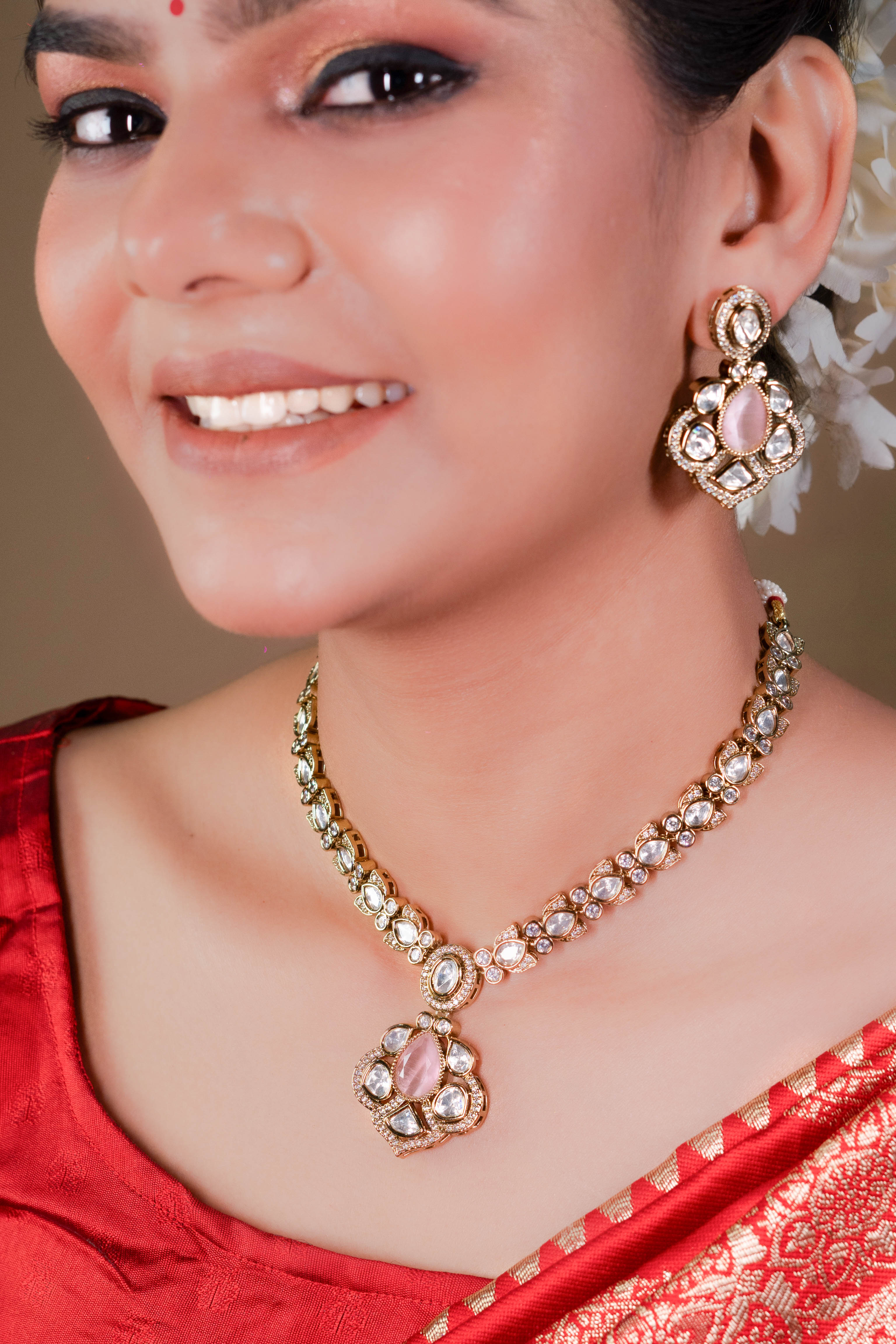 Delicate Pink CZ Kundan Necklace
