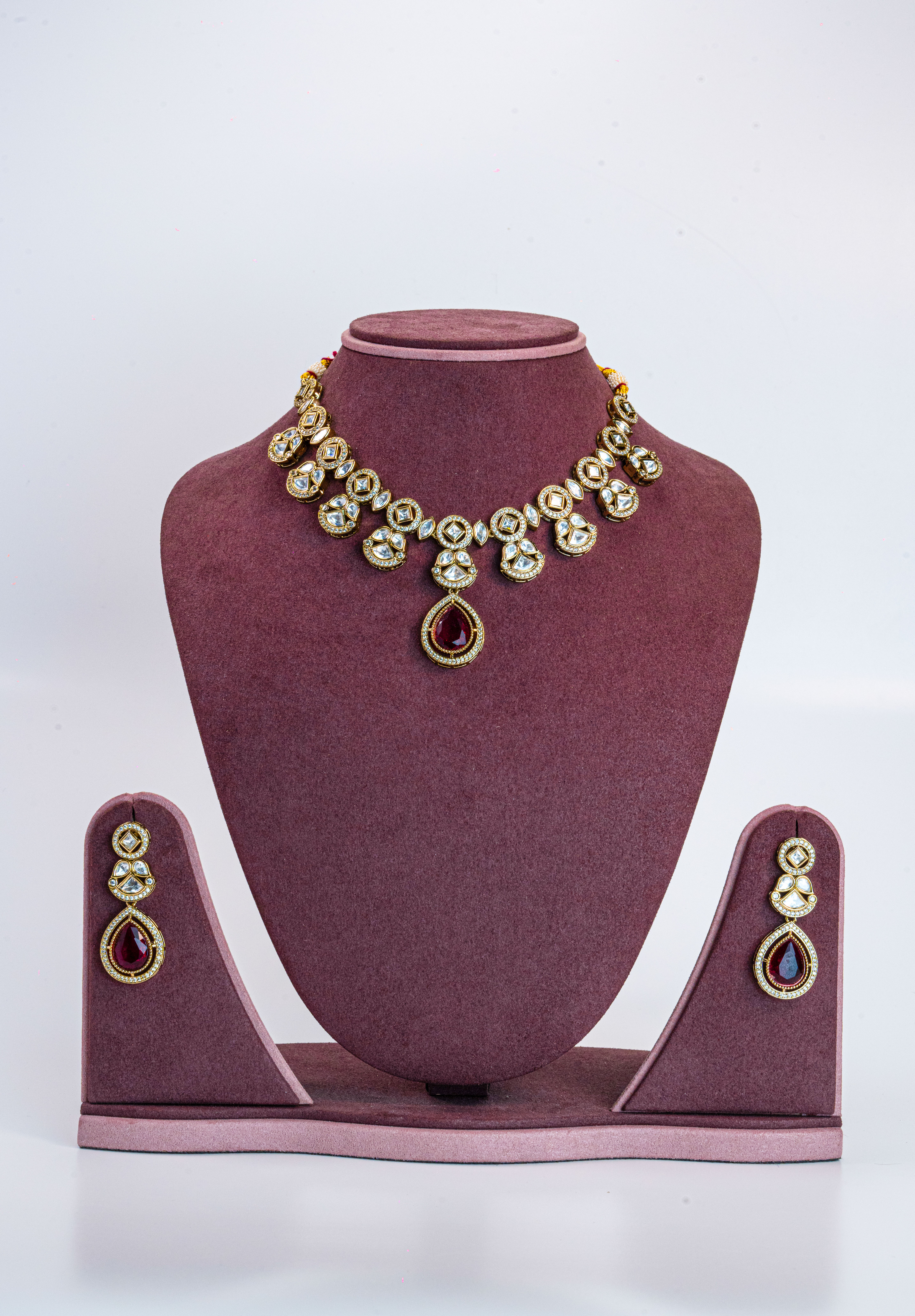 Rose Gold Red CZ Kundan Necklace