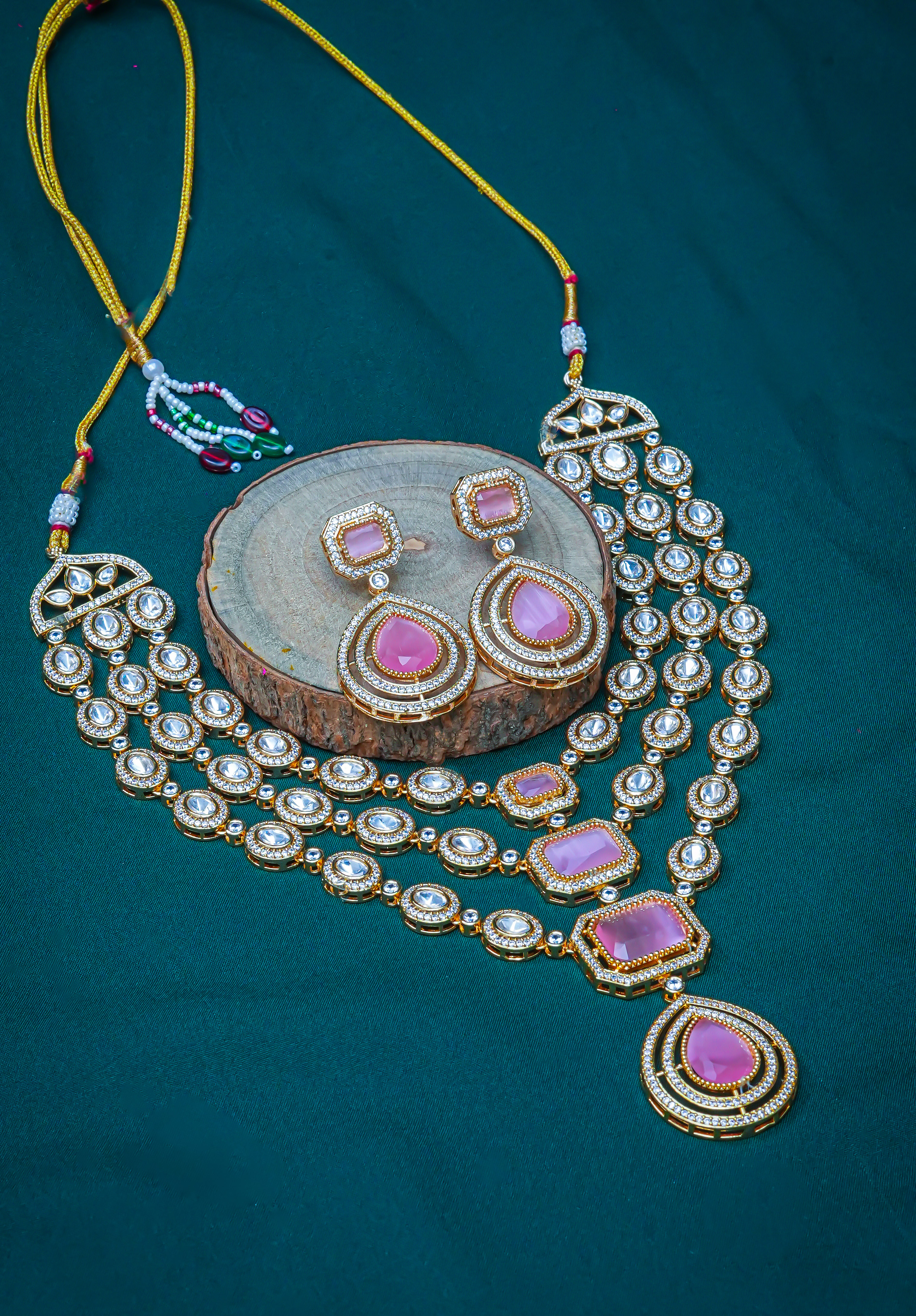 Triple Strand Pink CZ Kundan Necklace