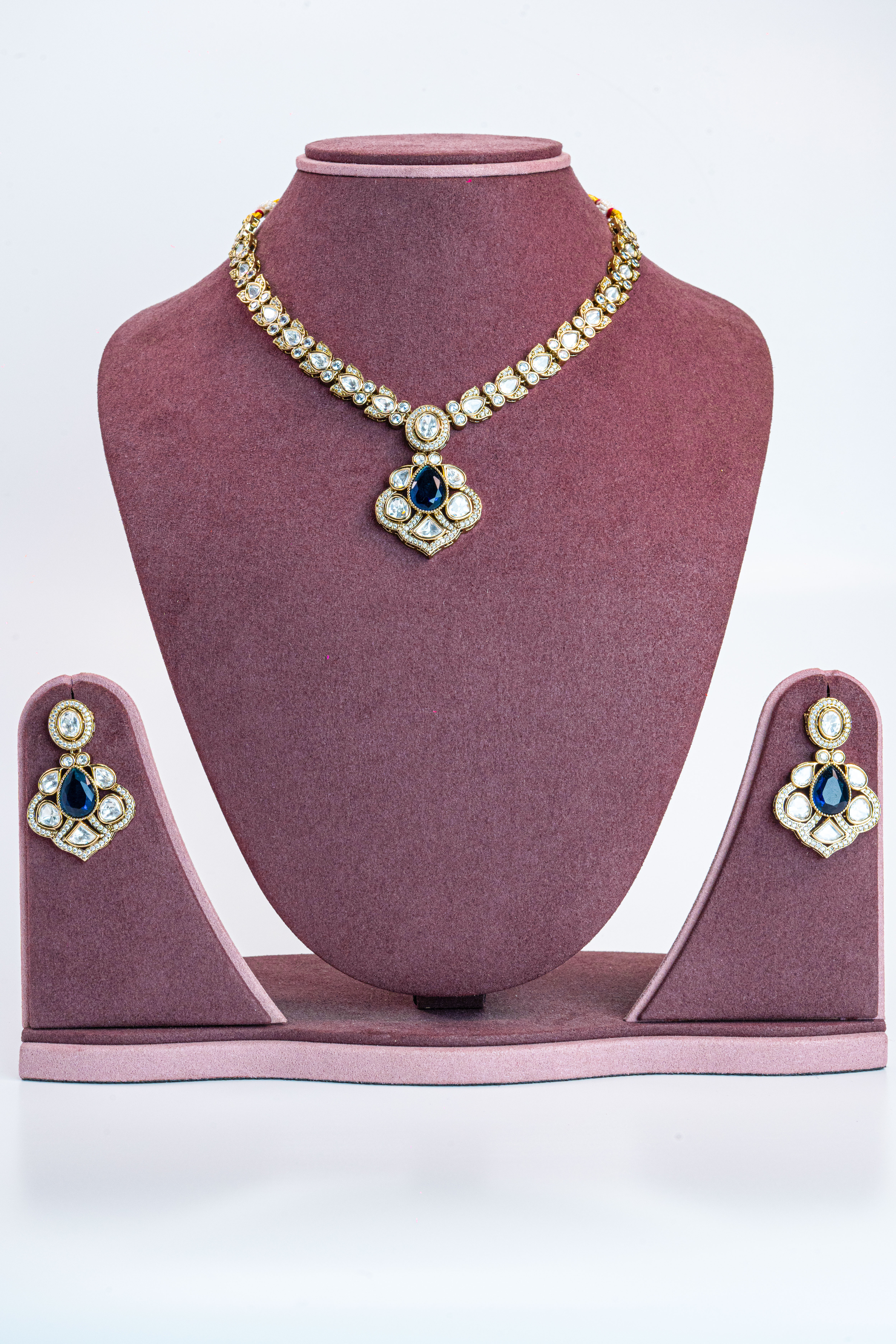 Blue CZ Gold Plated Kundan Necklace