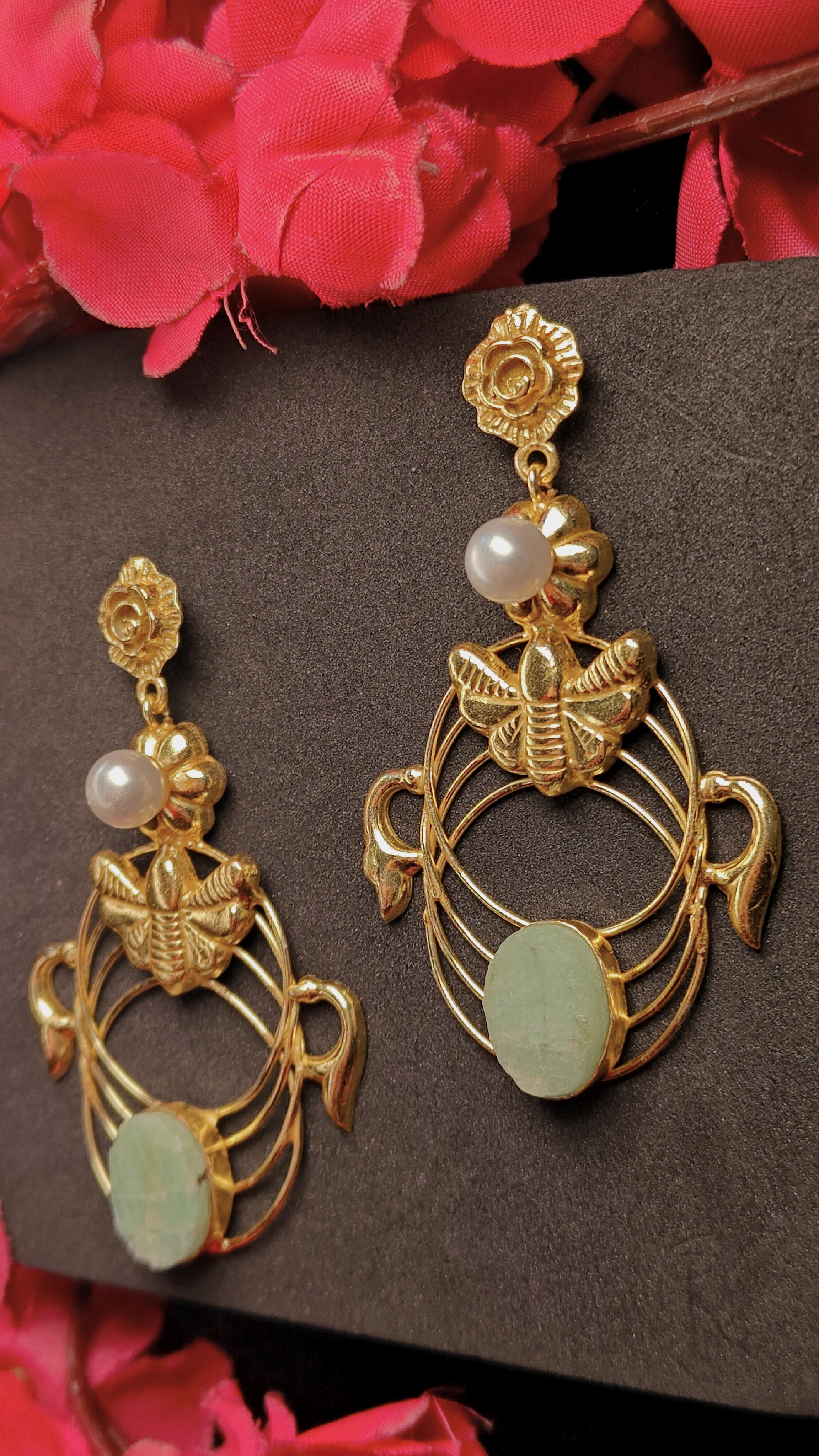 Golden Bee Motif Statement Earrings with Pearl & Mint Green Stone