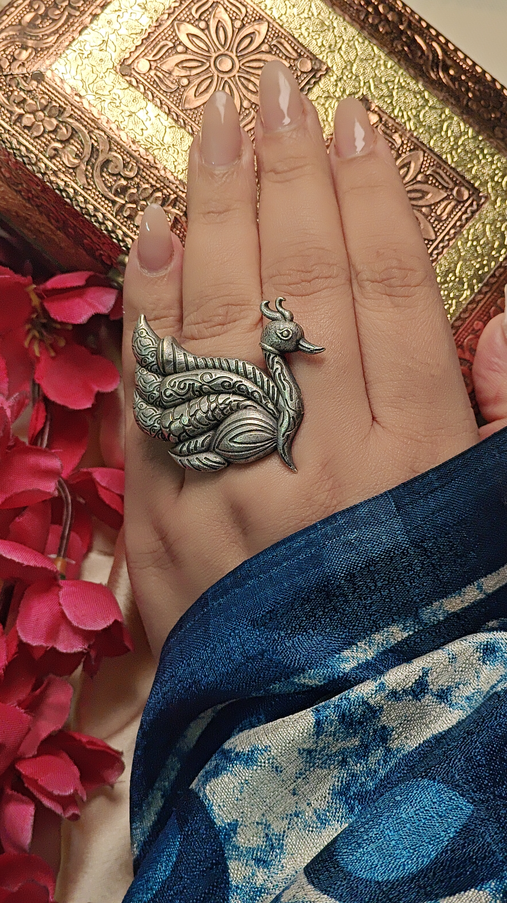 Oxidized Silver Peacock Adjustable Ring