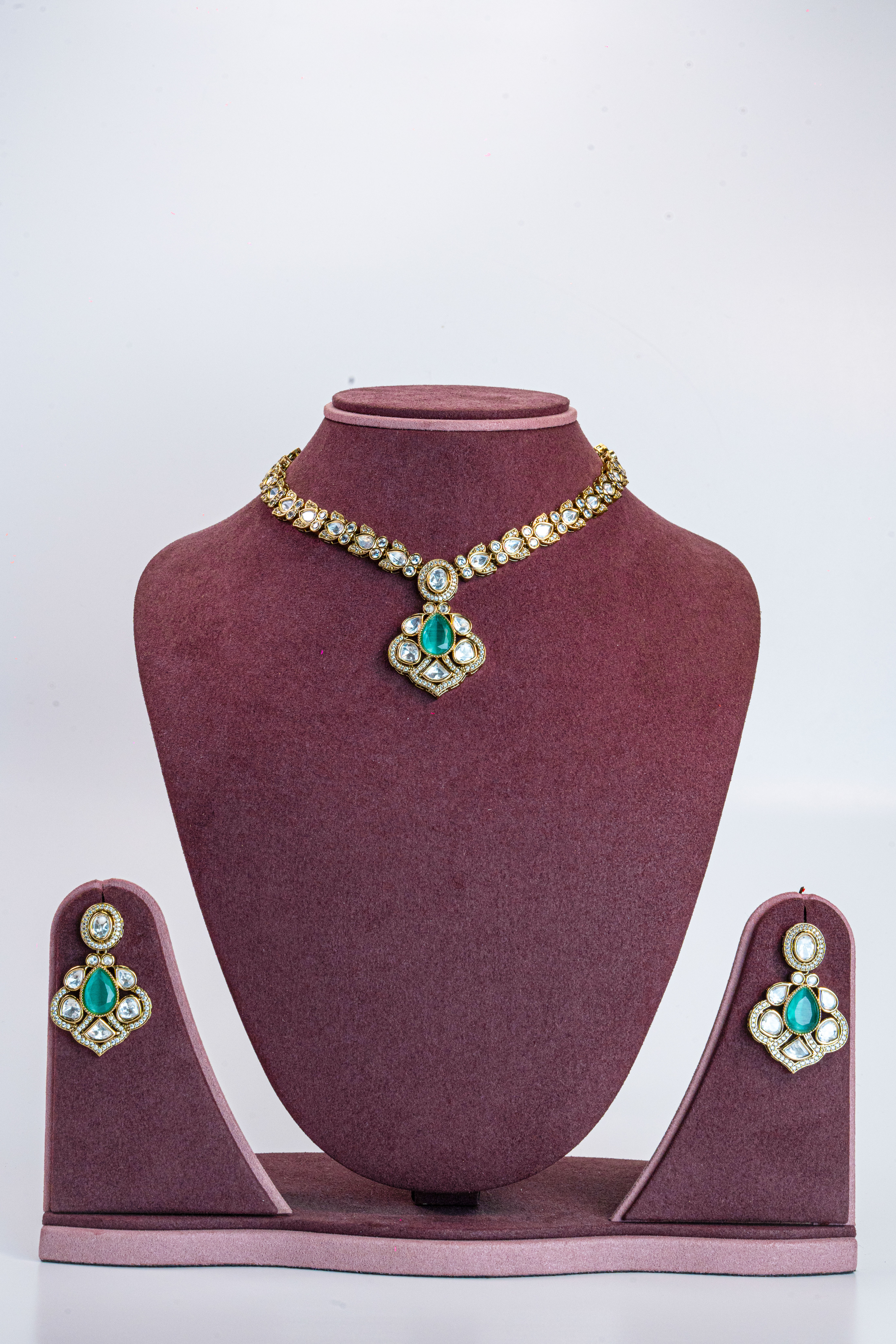 Gold Finish Green CZ Kundan Necklace