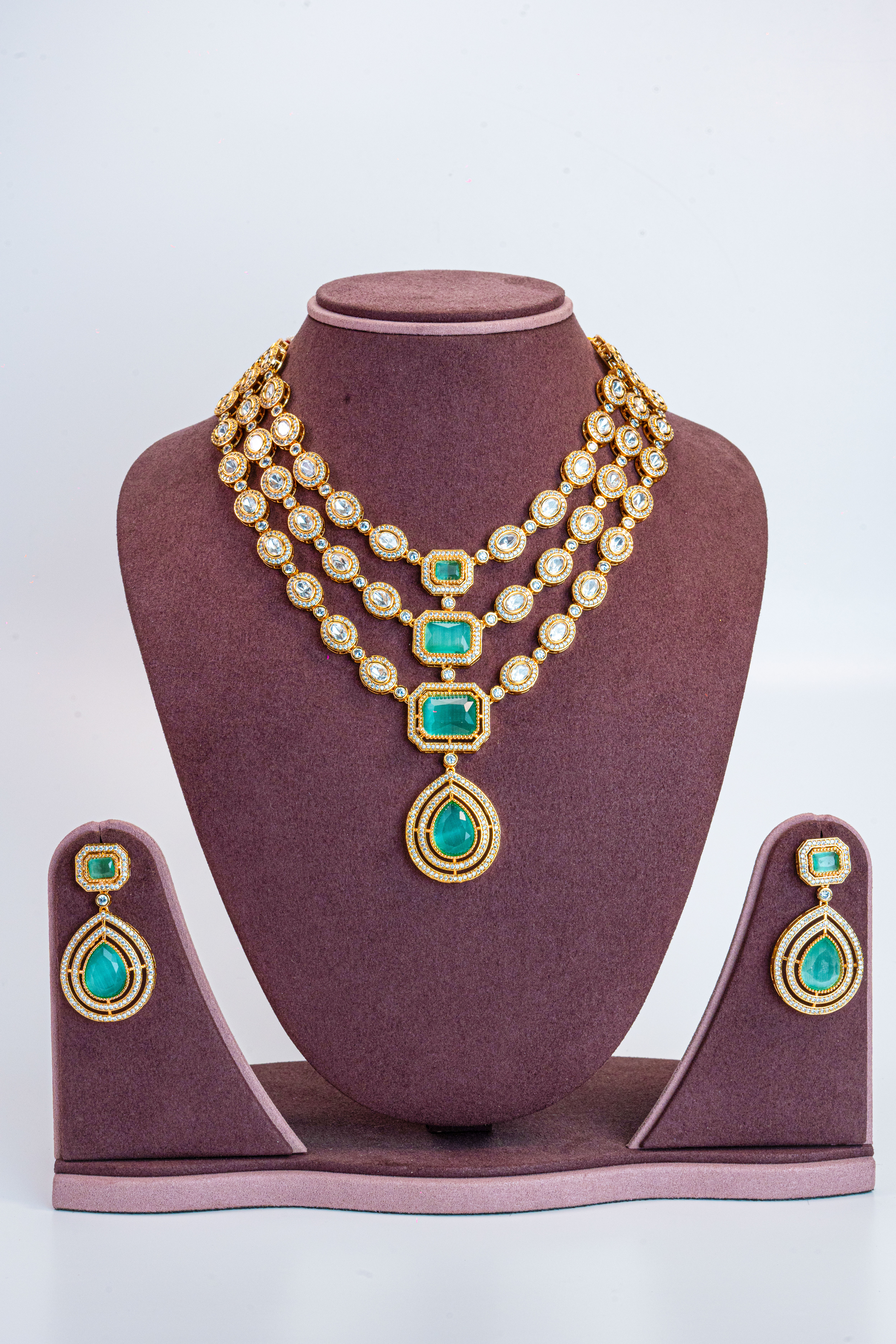 Three Line Green CZ Kundan Necklace