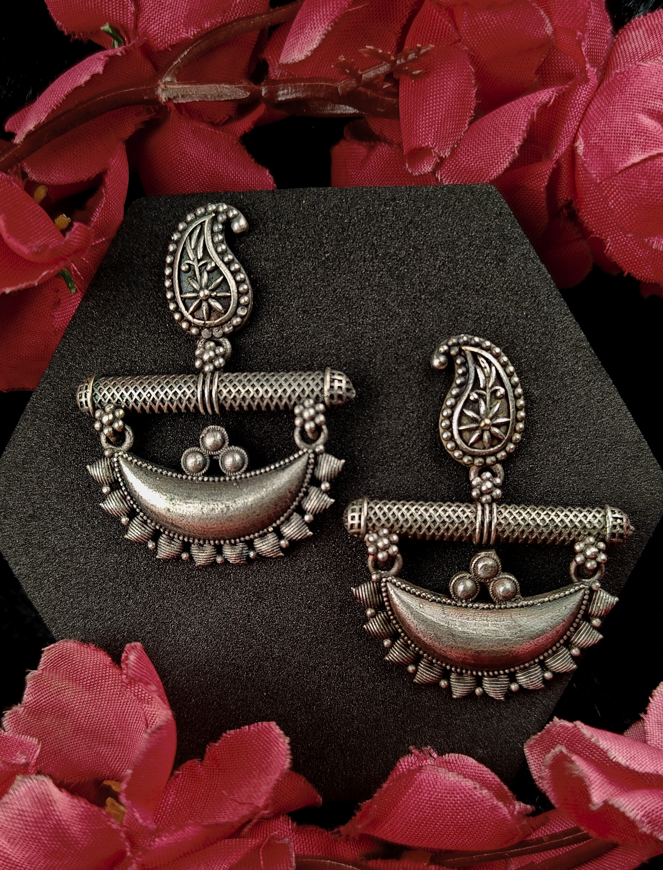 Oxidized Crescent Moon & Paisley Drop Earrings