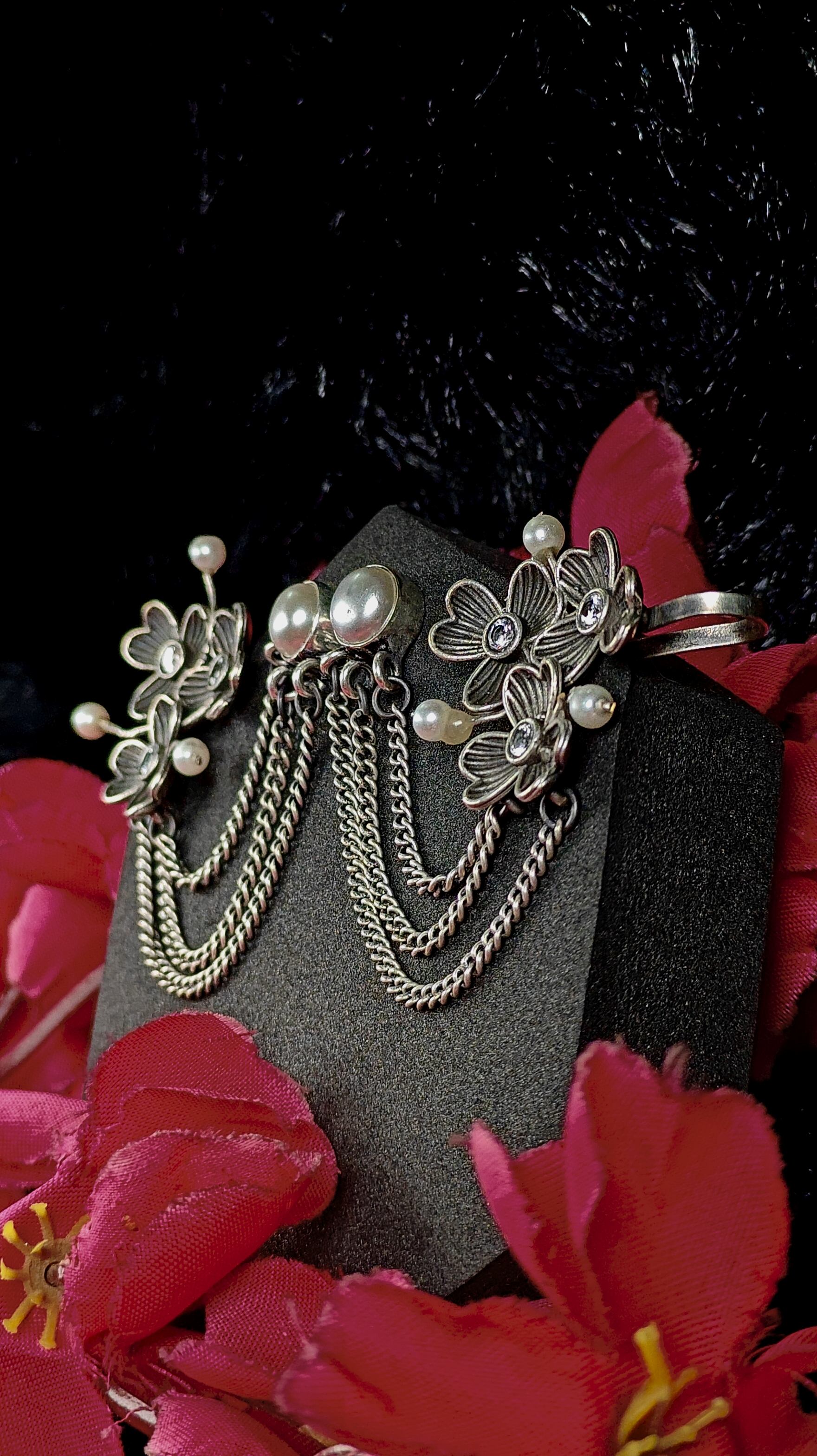 Oxidized Silver Floral Chain Ear Cuffs With Pearls 