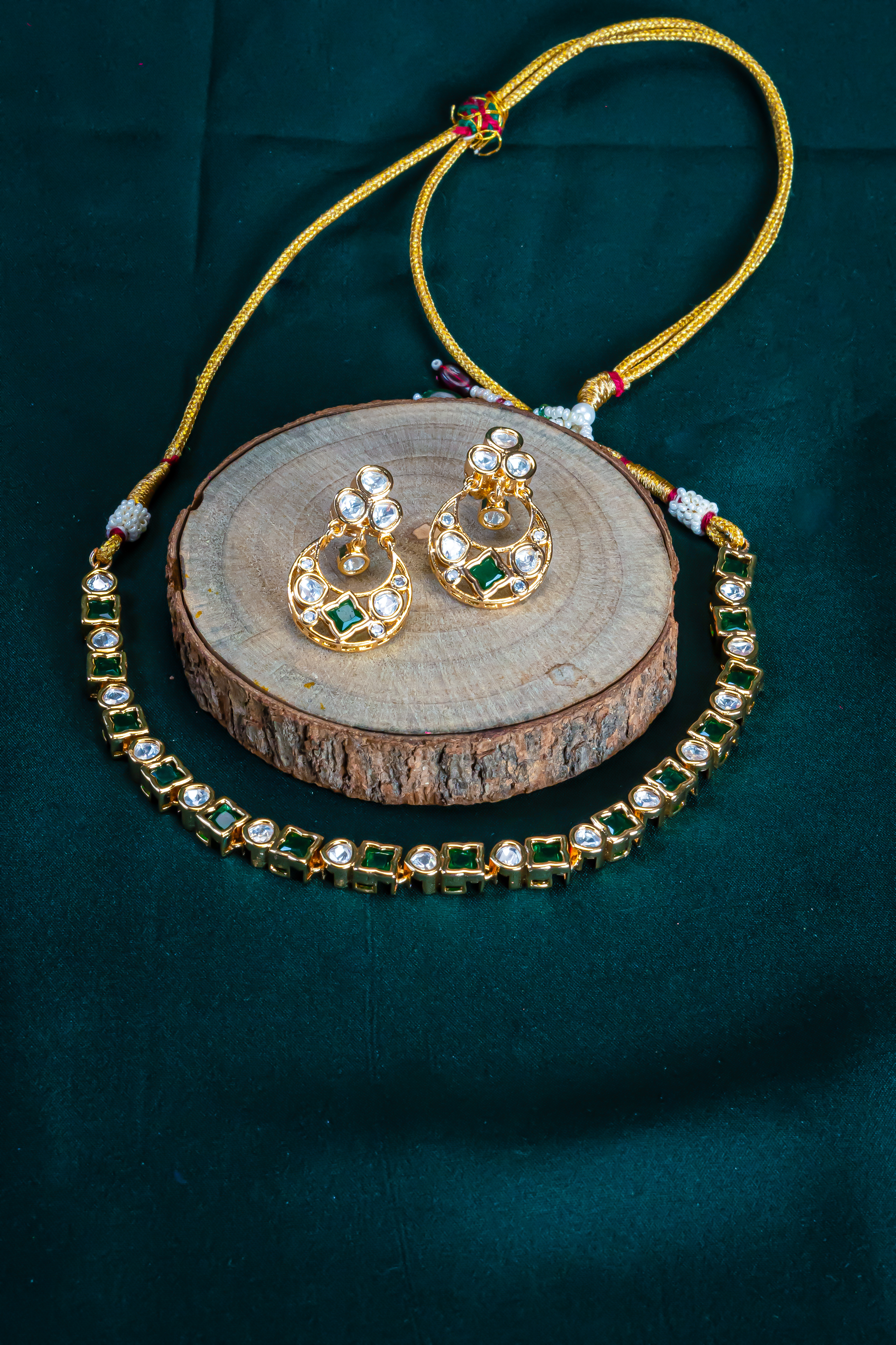 Gold Plated Green CZ Kundan Necklace