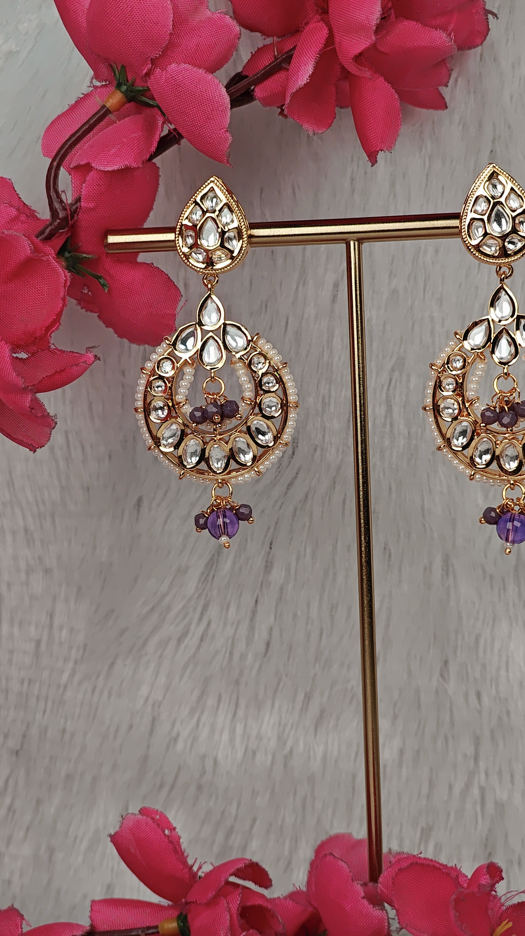 Lavender Drop Kundan Hoop Earrings with Pearl Halo