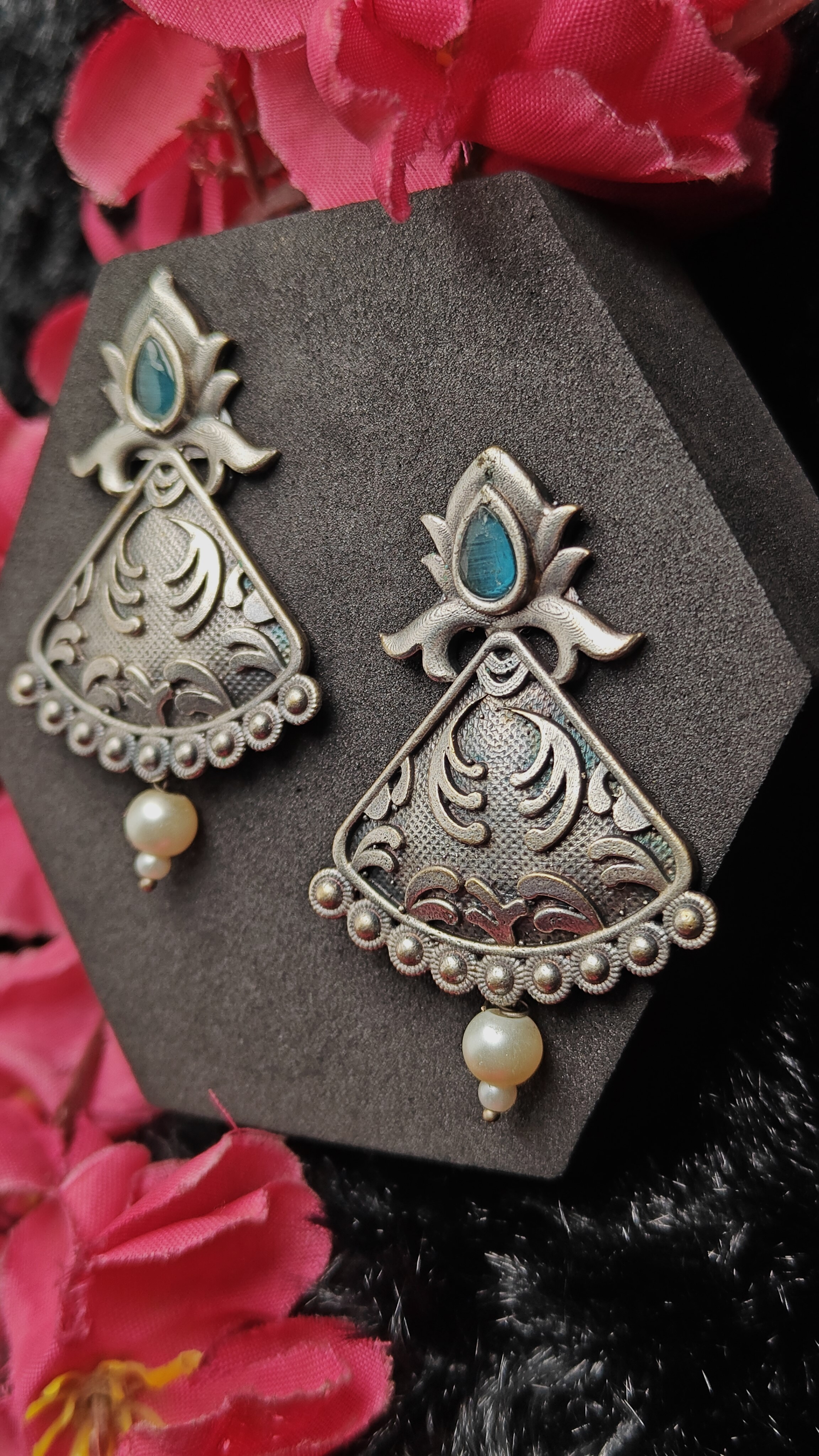 Oxidized silver blue stone filigree drop earrings 