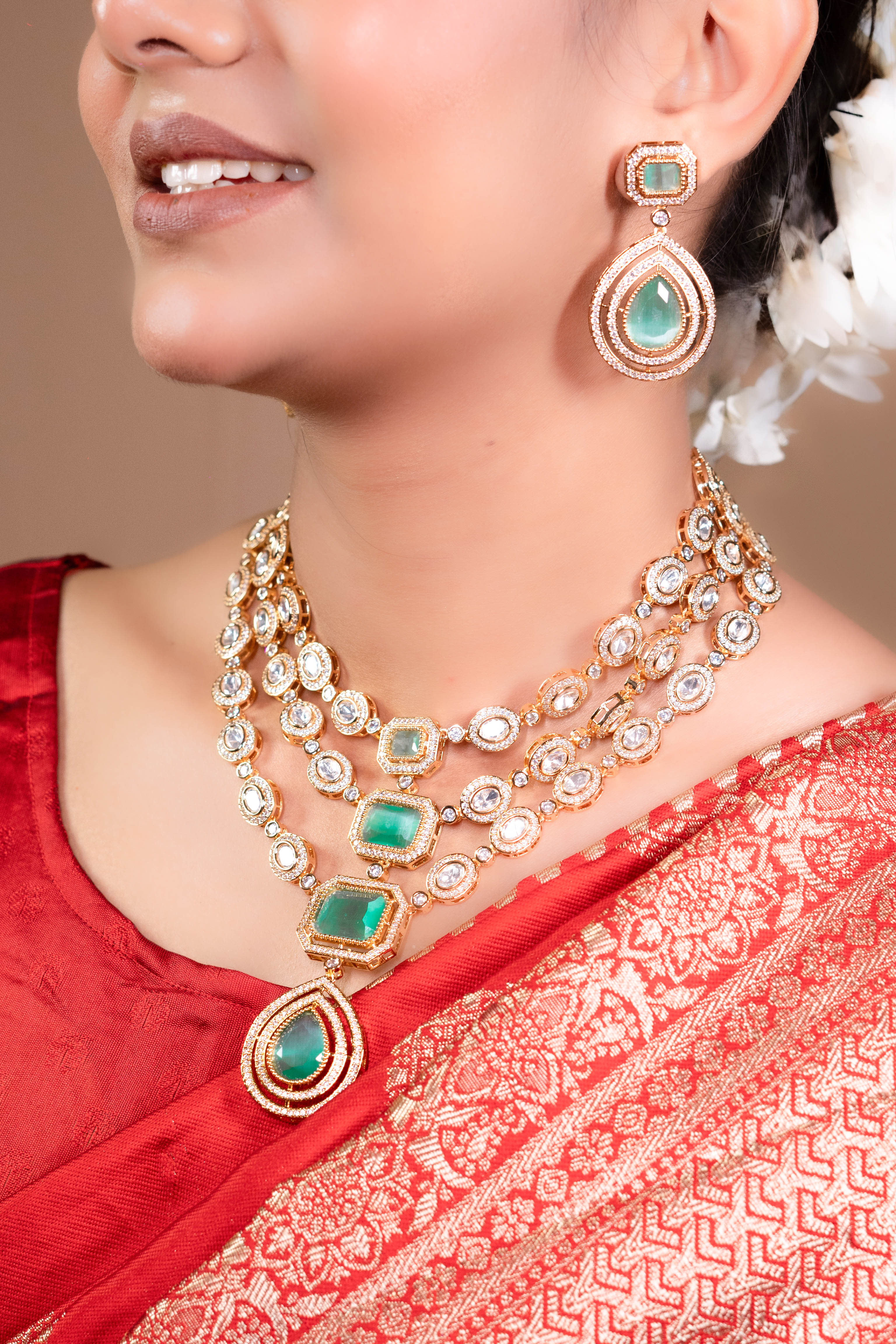Three Line Green CZ Kundan Necklace