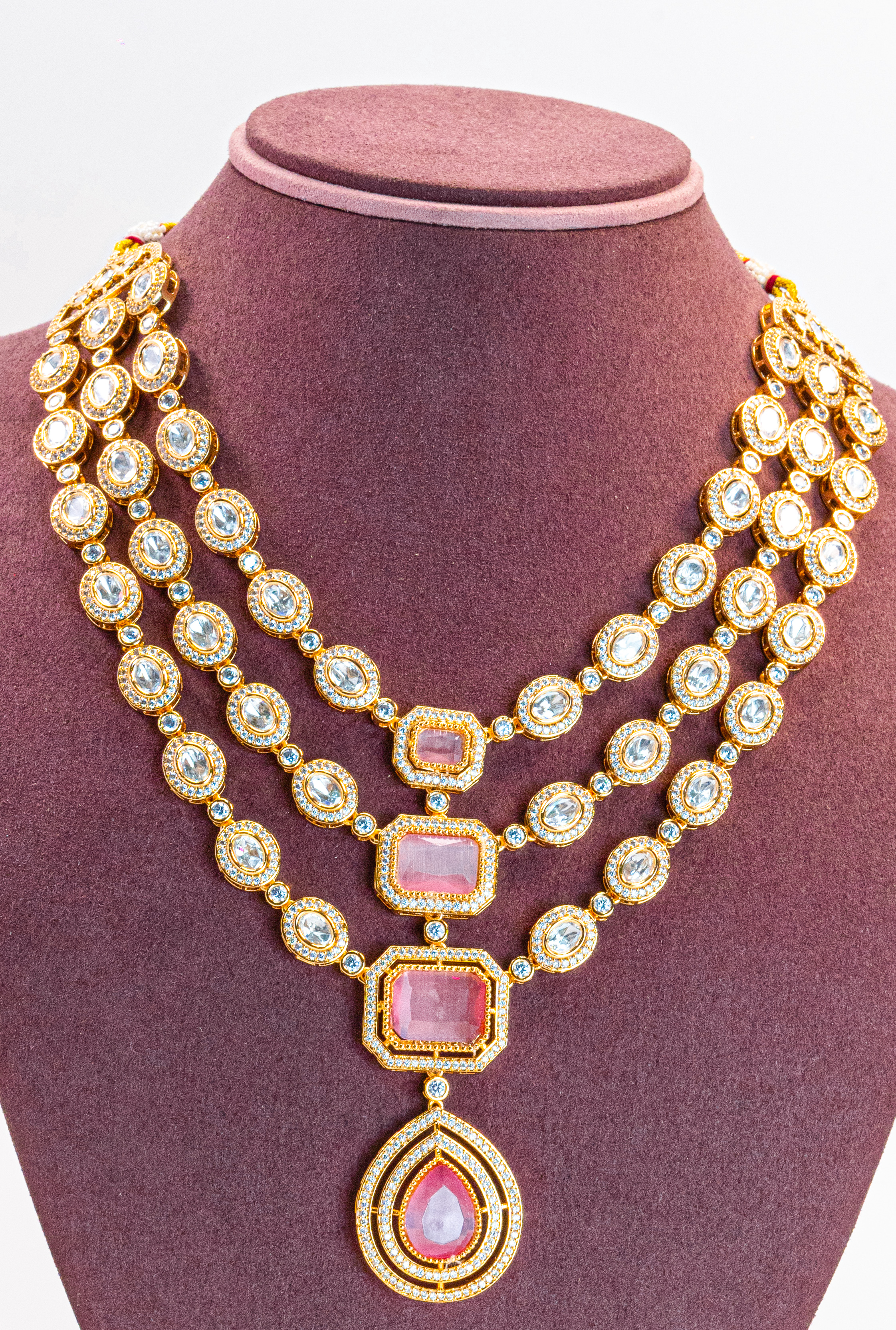Triple Strand Pink CZ Kundan Necklace