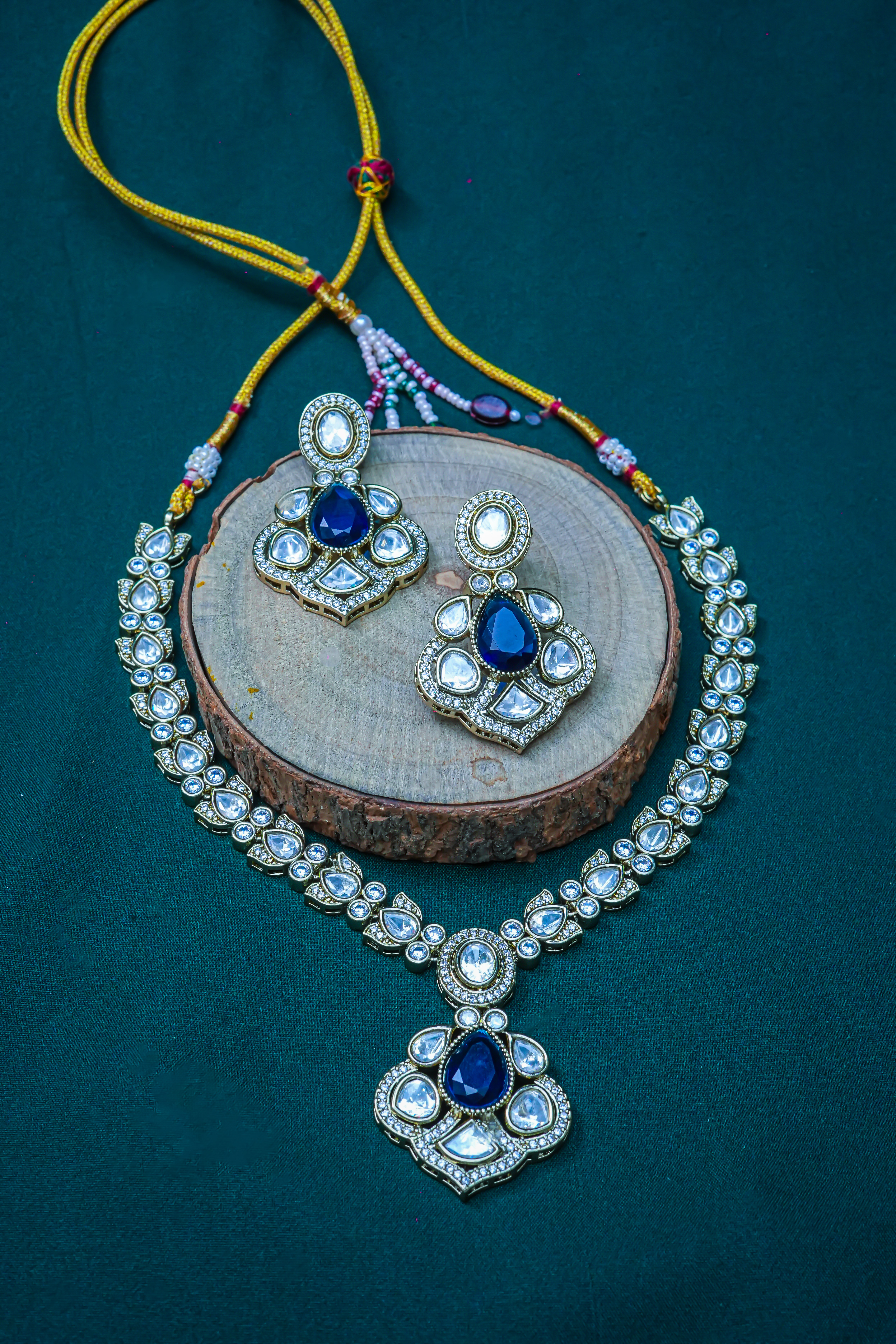 Blue CZ Gold Plated Kundan Necklace
