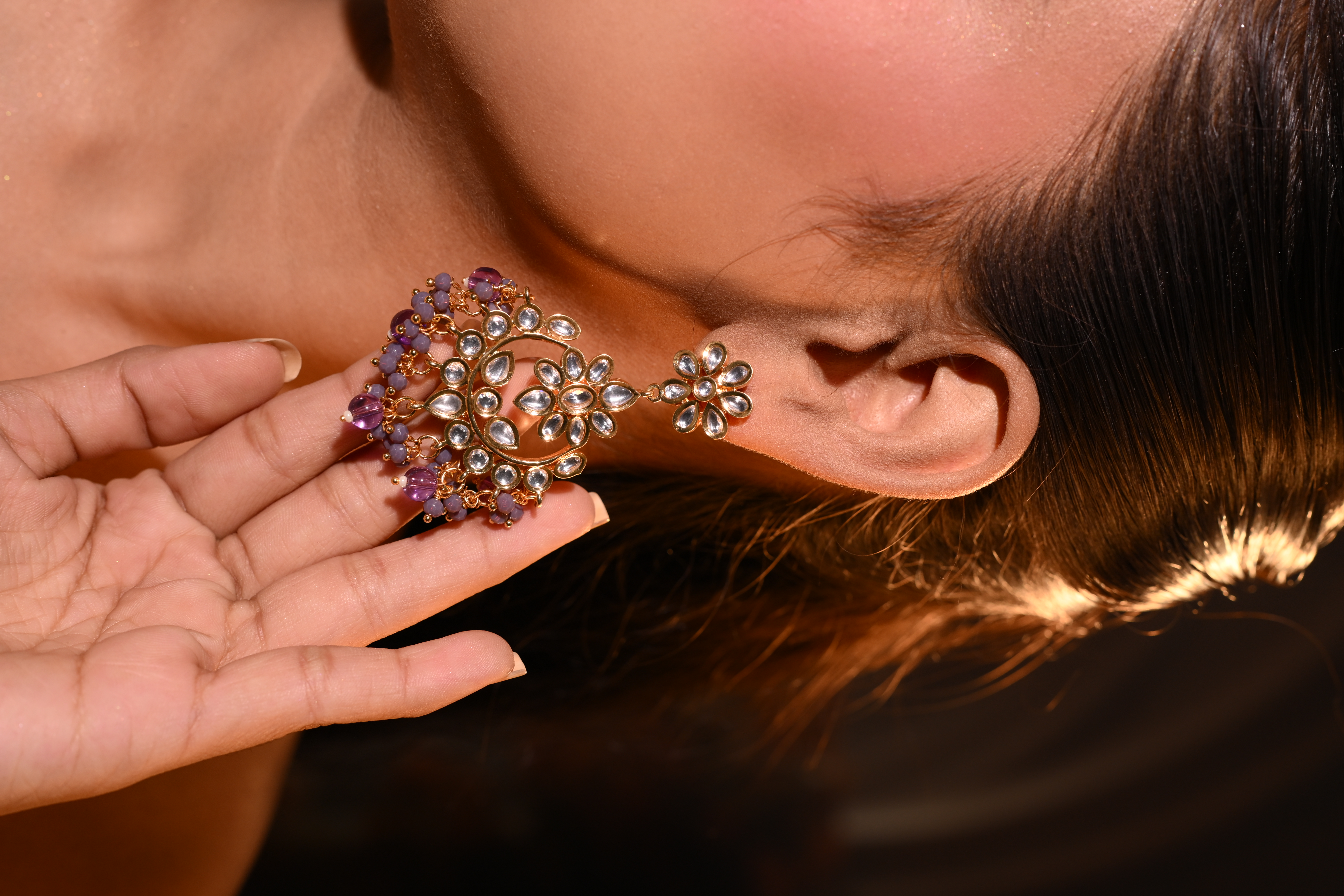 Floral Kundan Chandbali Earrings with Amethyst Beads