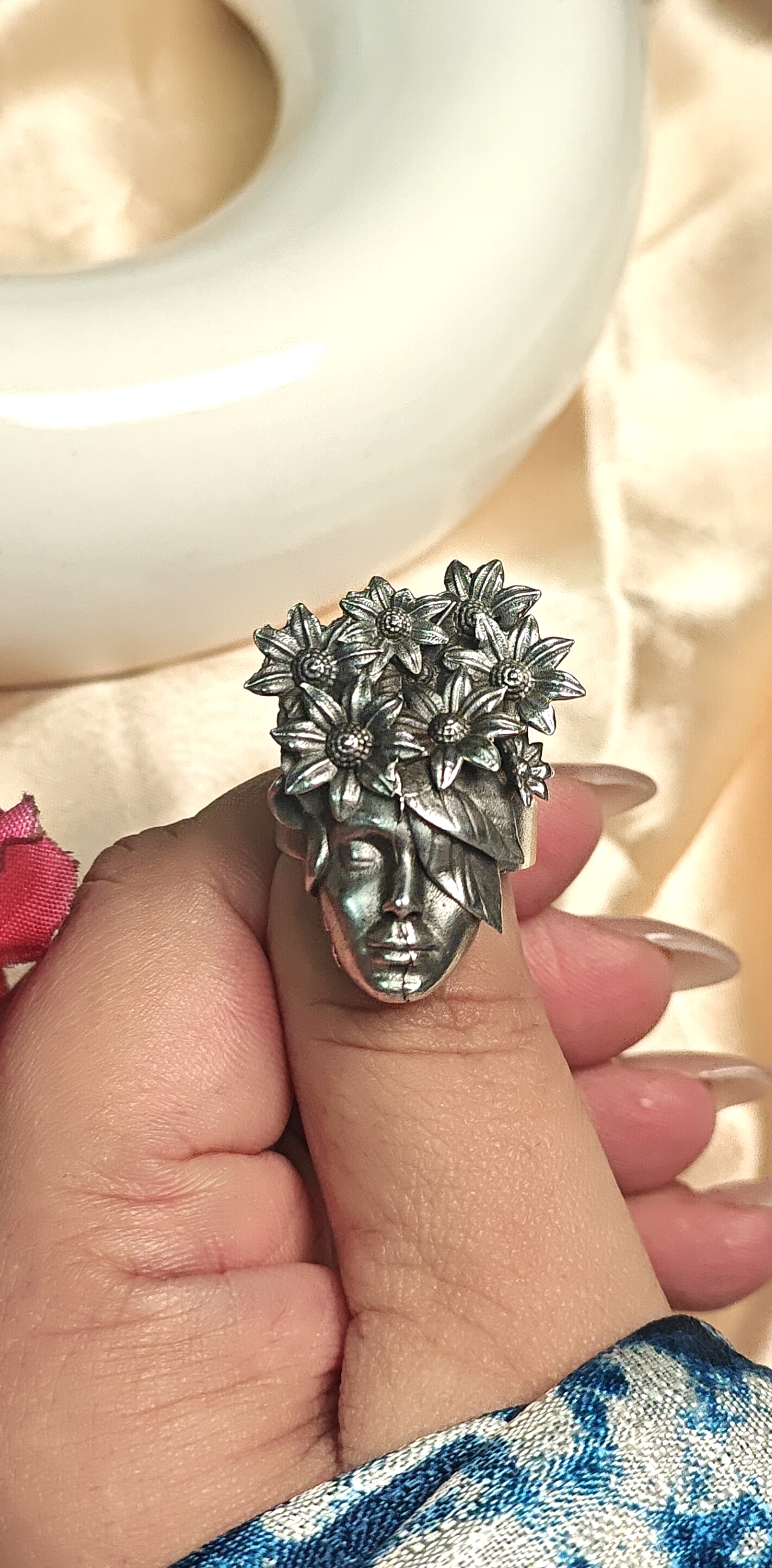 Floral Goddess Oxidised Statement Ring