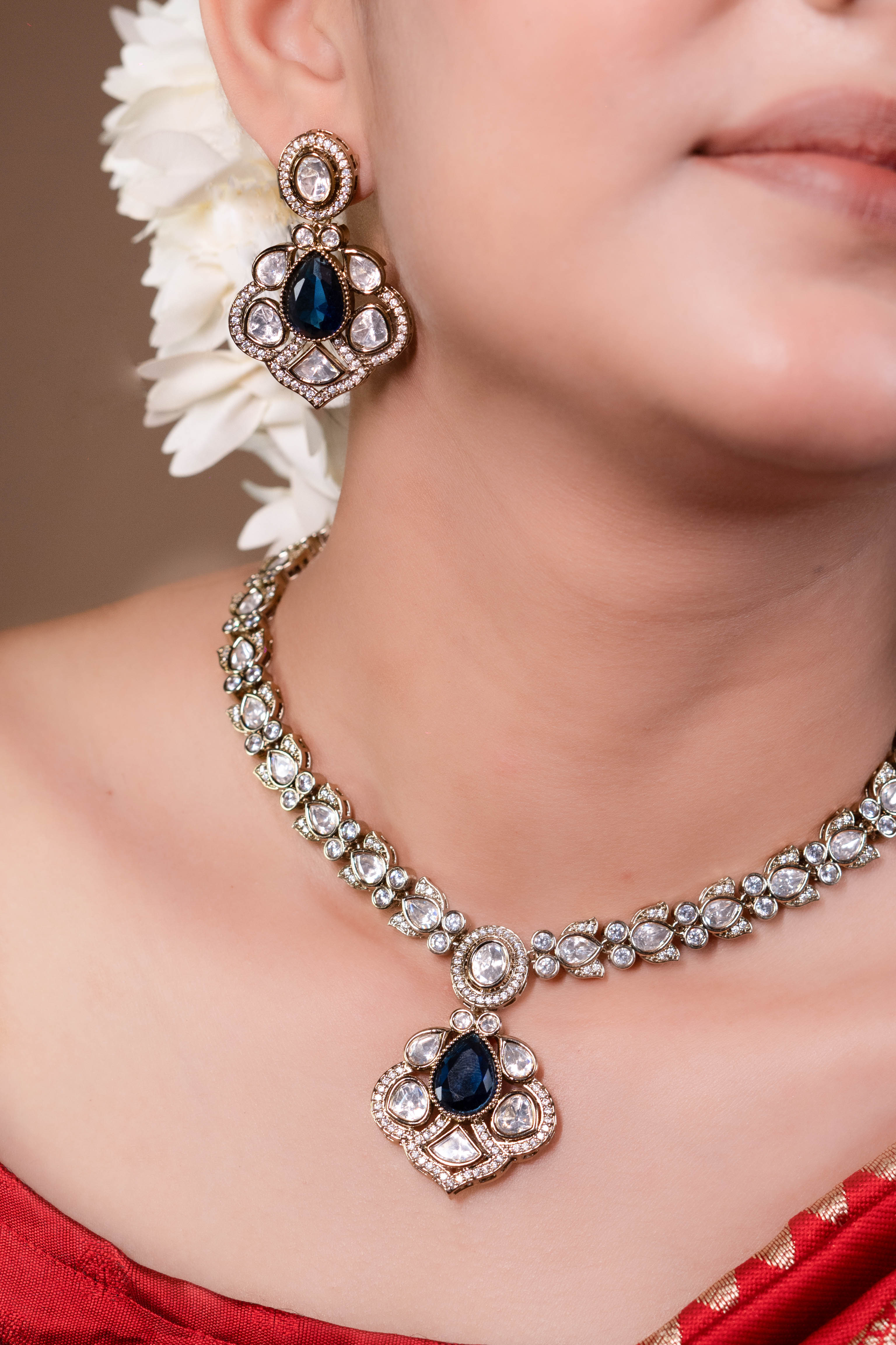 Blue CZ Gold Plated Kundan Necklace