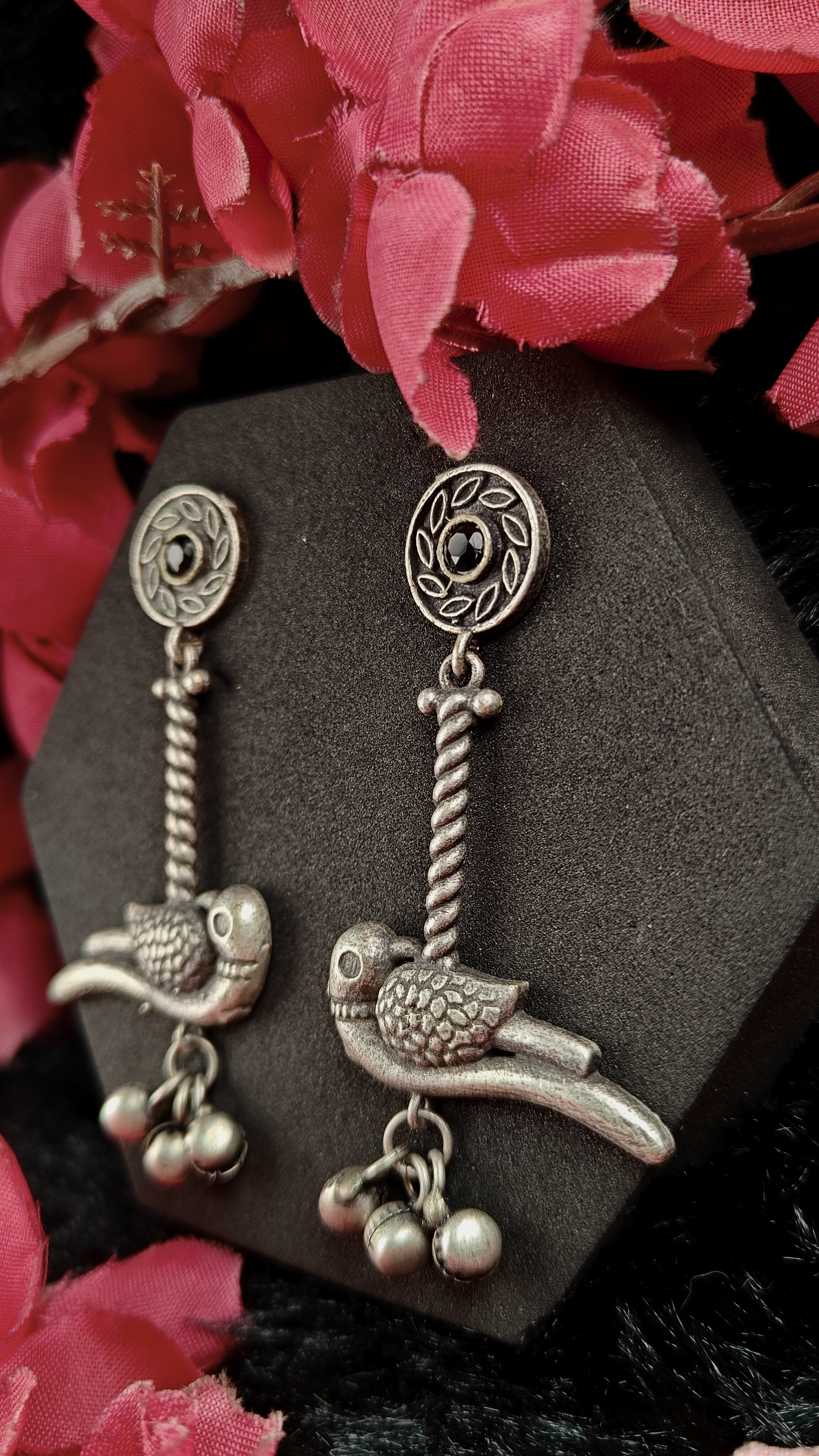 Oxidized Tribal Bird Earrings with Black Stone 