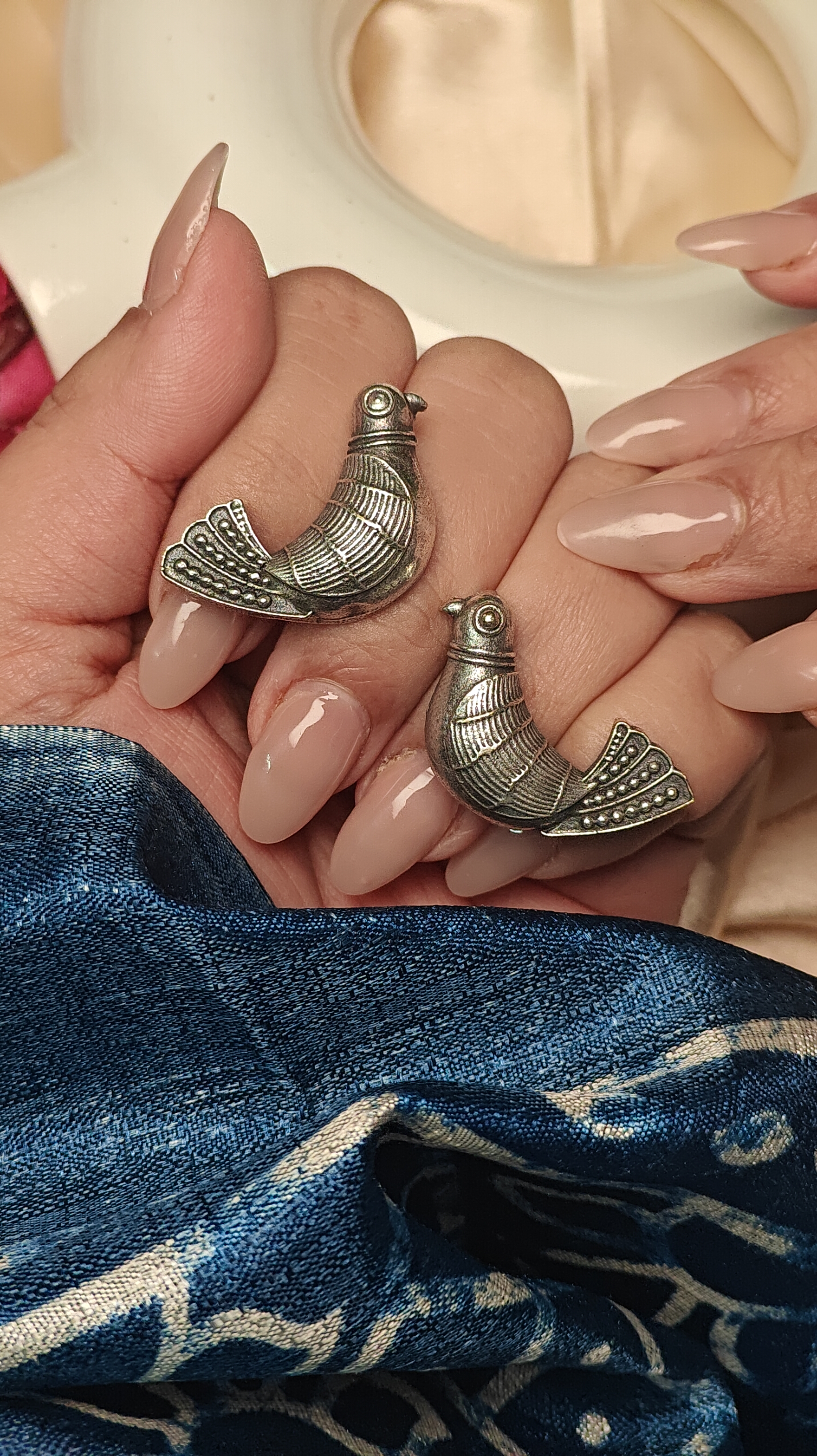 Antique Silver Bird Motif Dangle Earrings