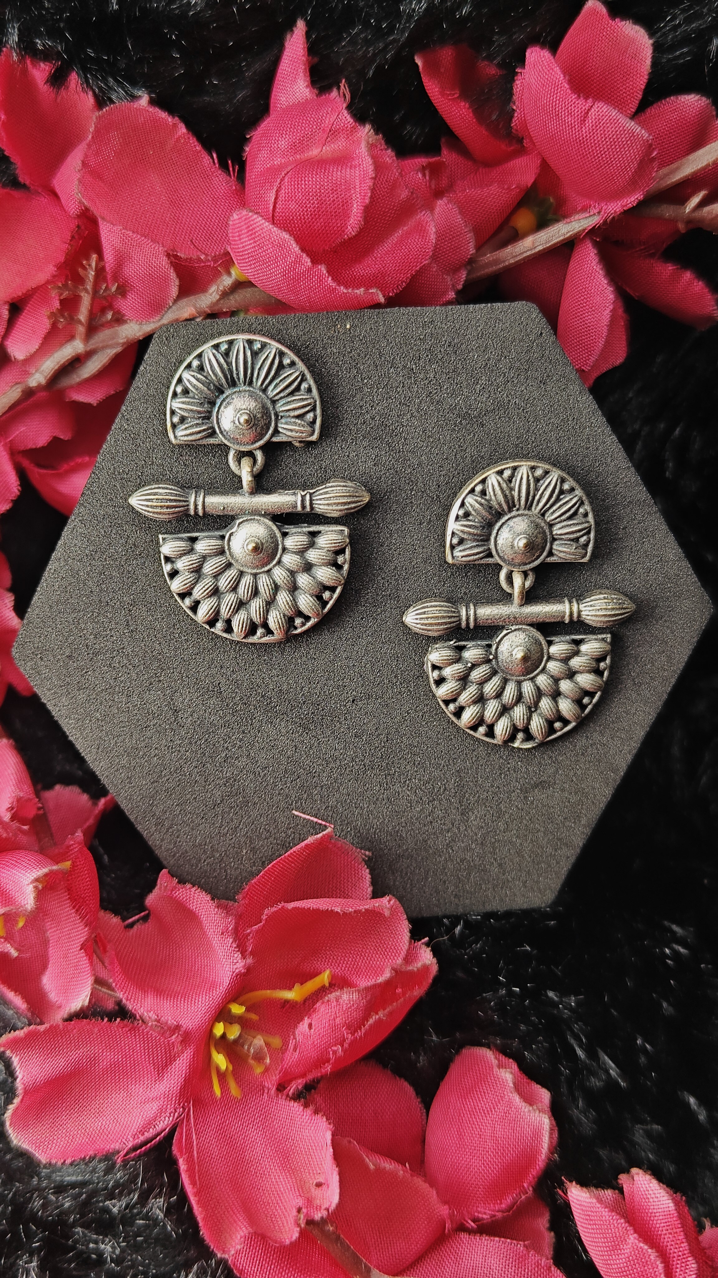 Oxidized silver half-moon floral earrings 