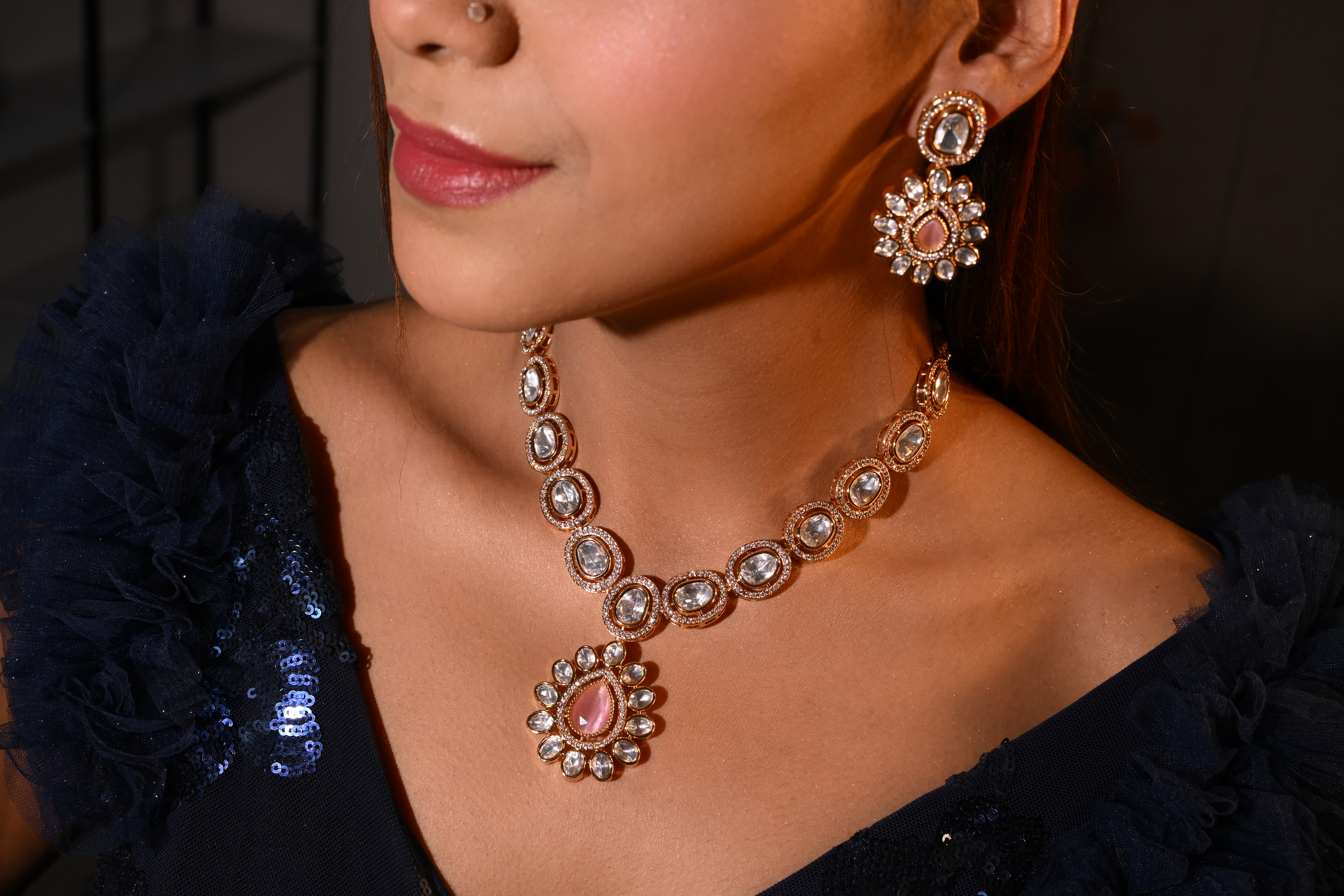 Royal Polki Kundan Necklace Set with Pink Centerstones