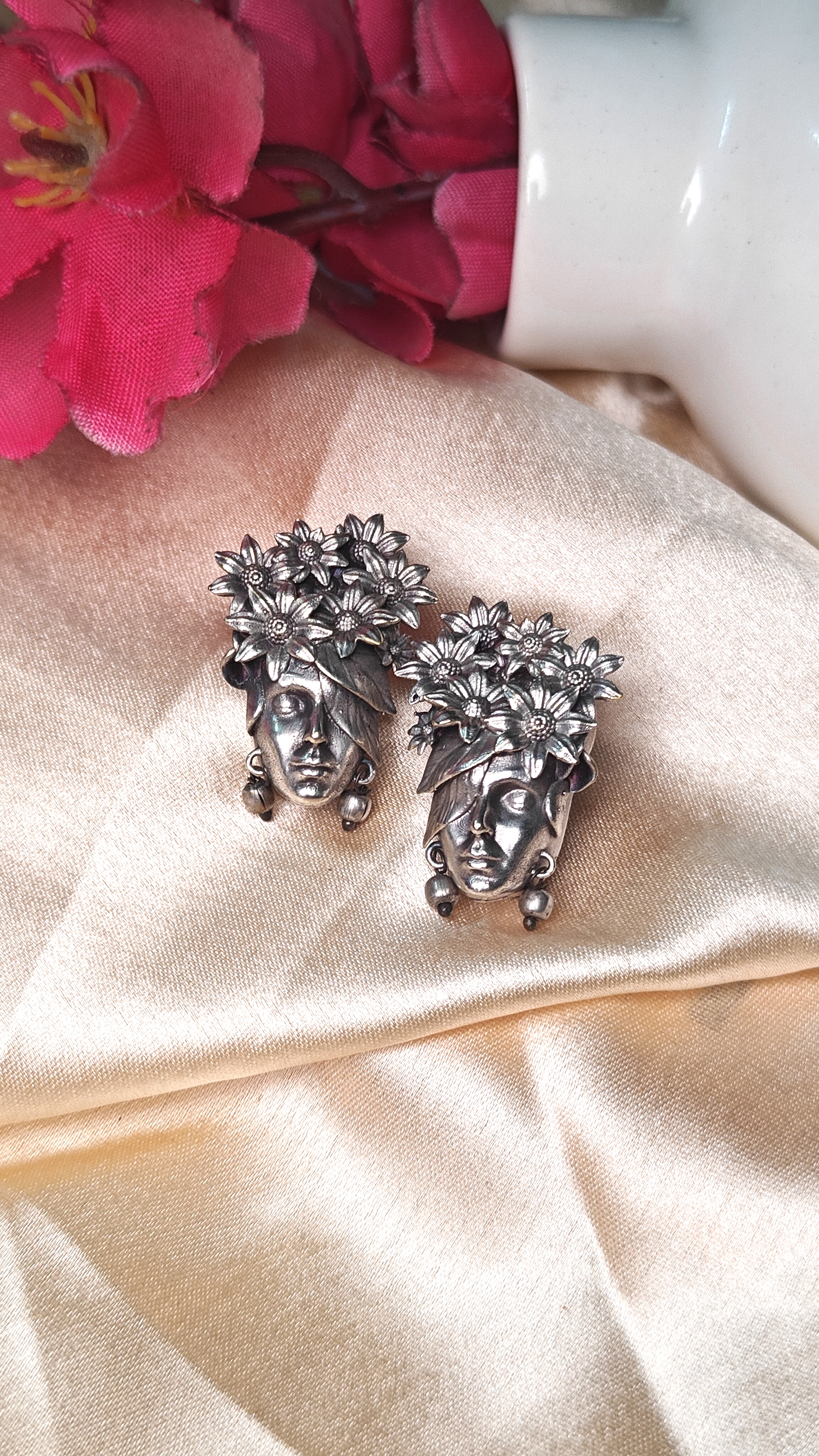 Silver Floral Crown Face Stud Earrings 
