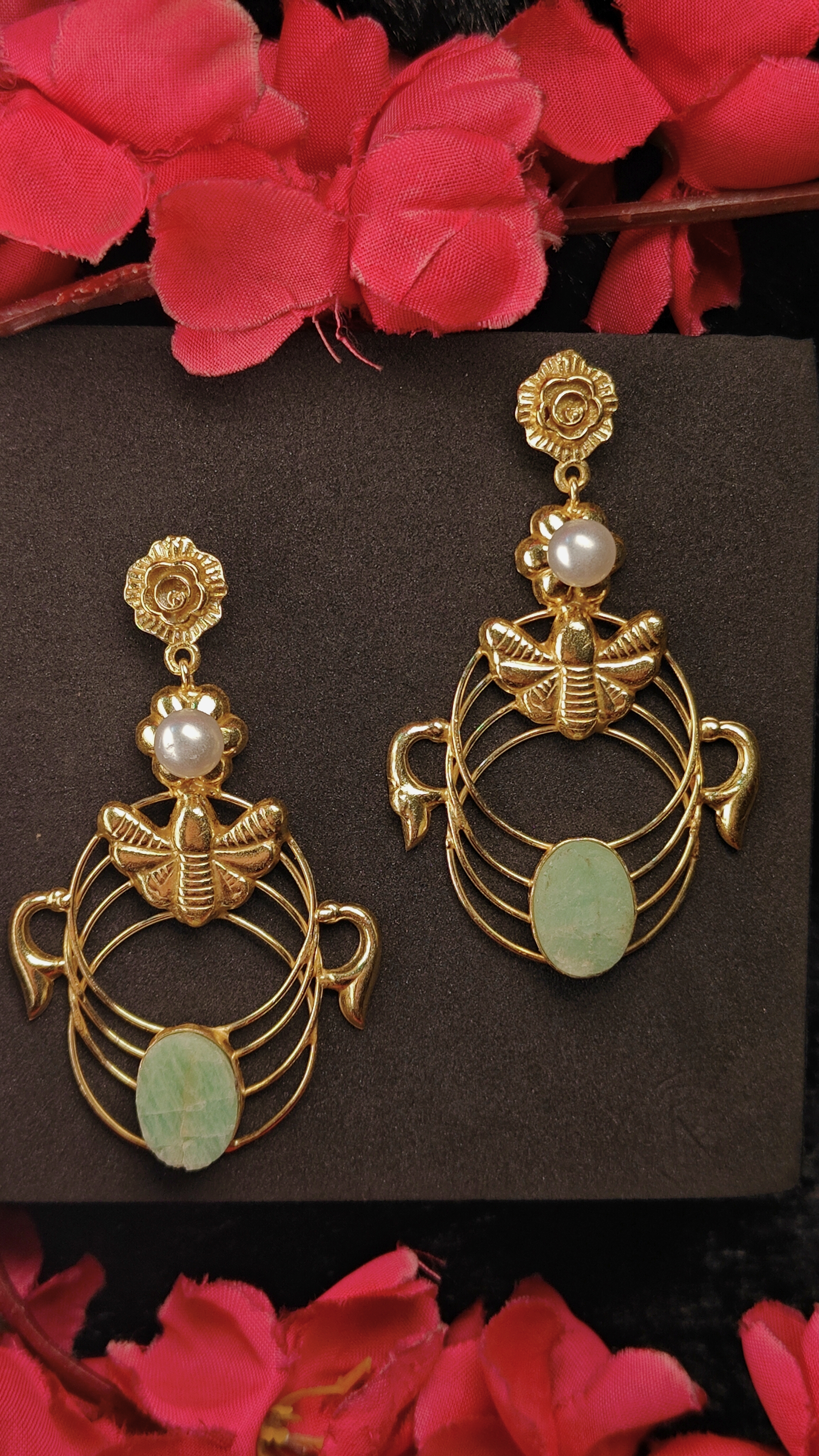Golden Bee Motif Statement Earrings with Pearl & Mint Green Stone
