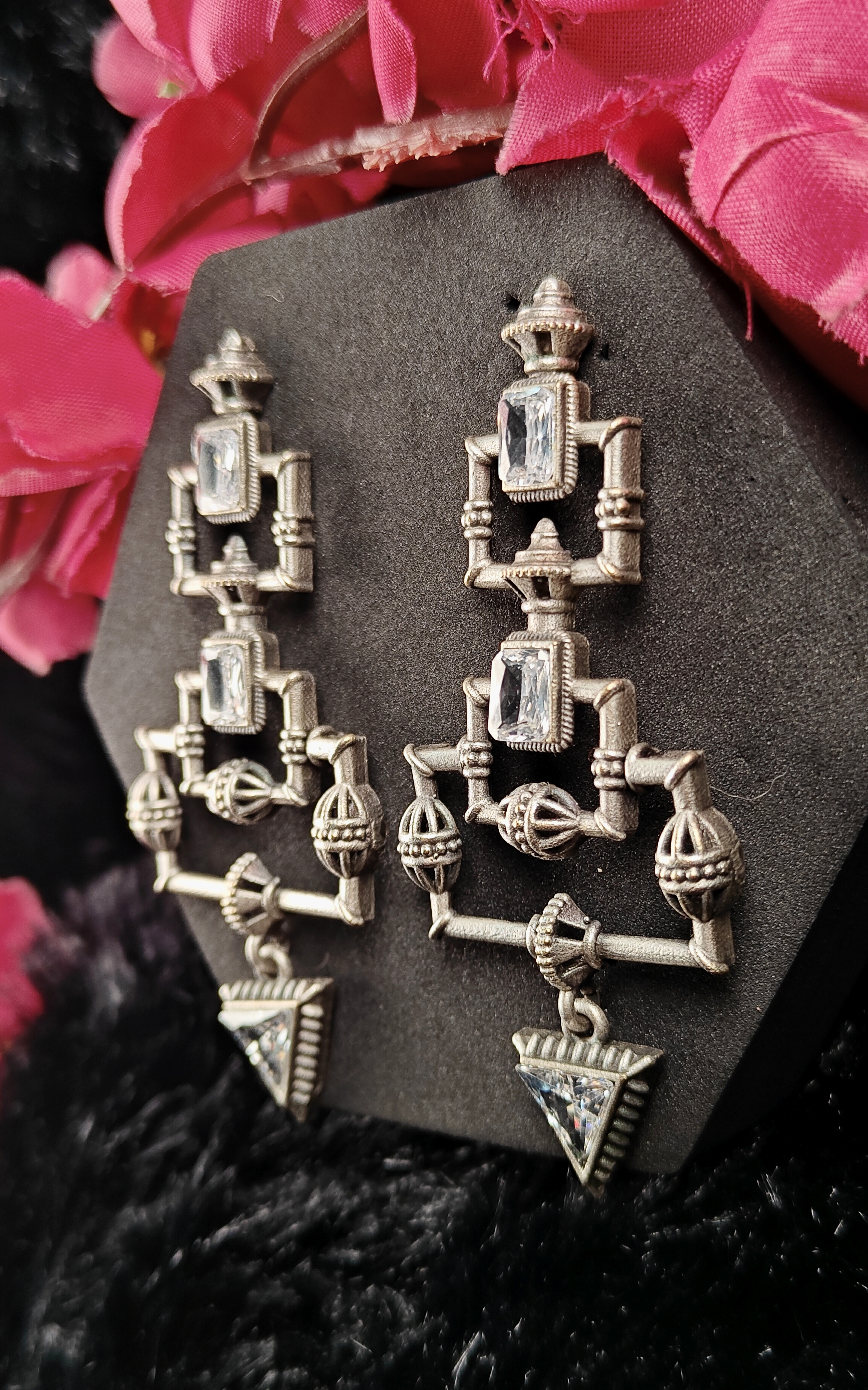 Silver Tribal Dangle Earrinngs With MIrror Stones 