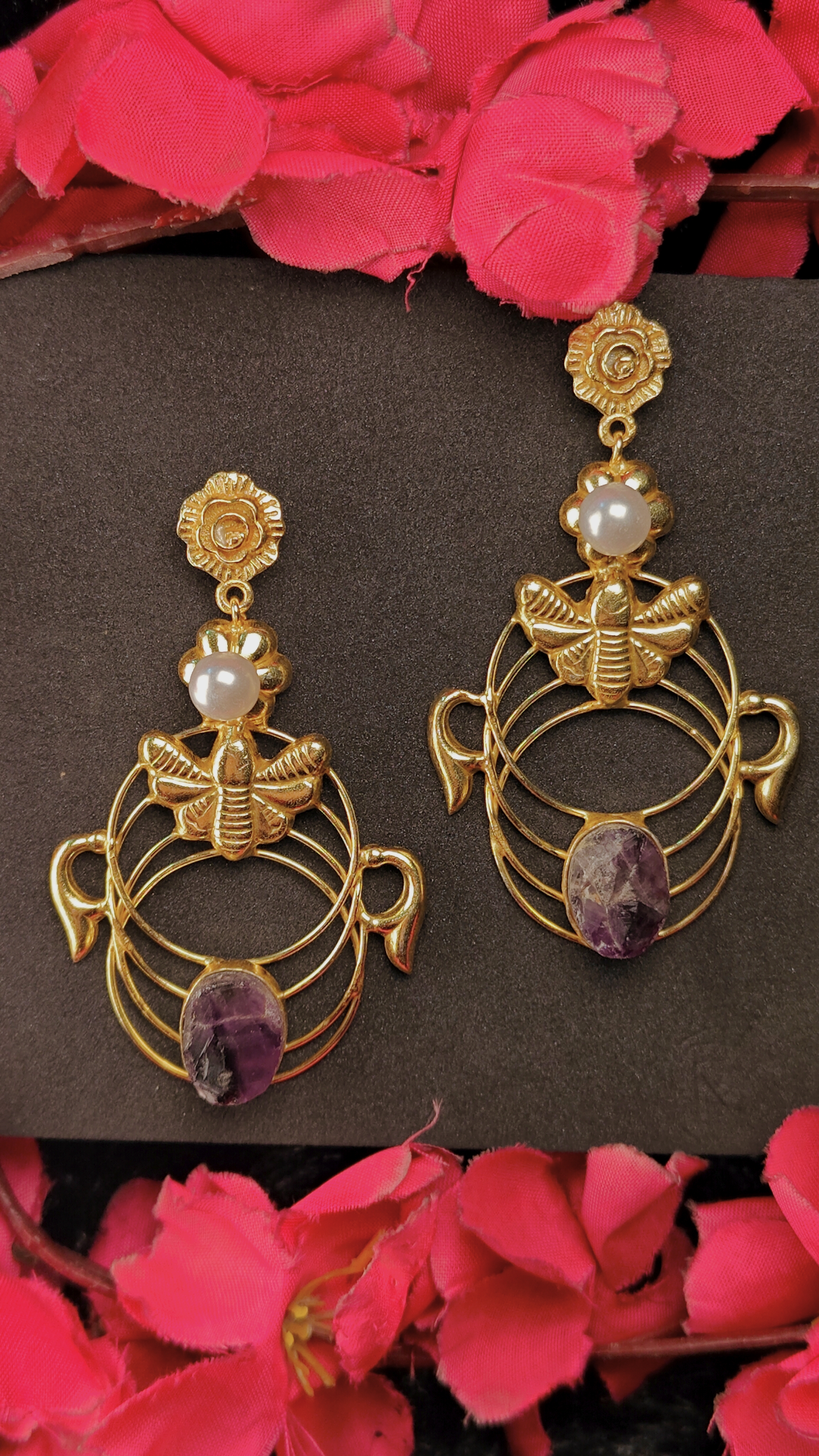 Golden Bee Amethyst Drop Earrings 