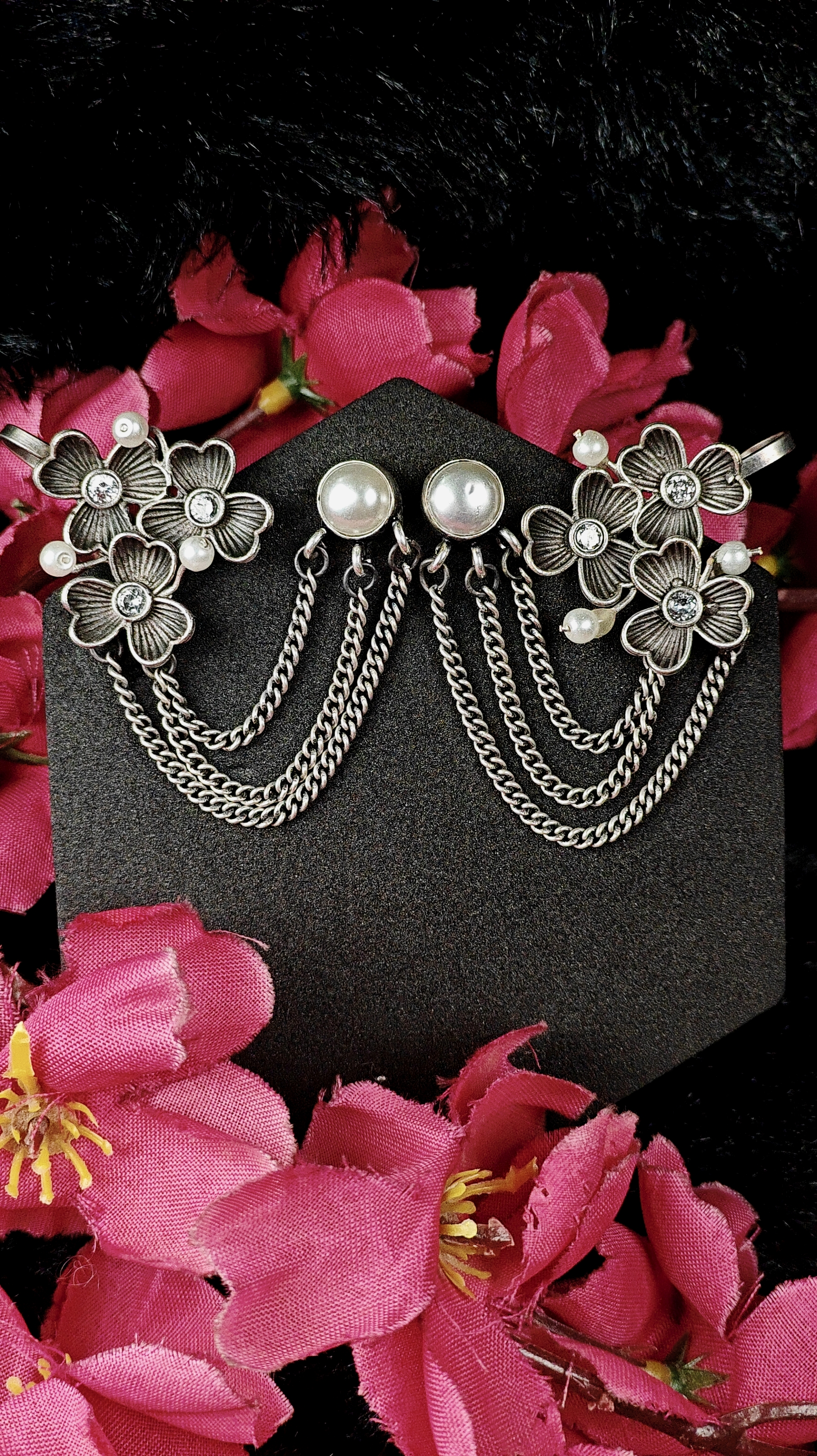 Oxidized Silver Floral Chain Ear Cuffs With Pearls 
