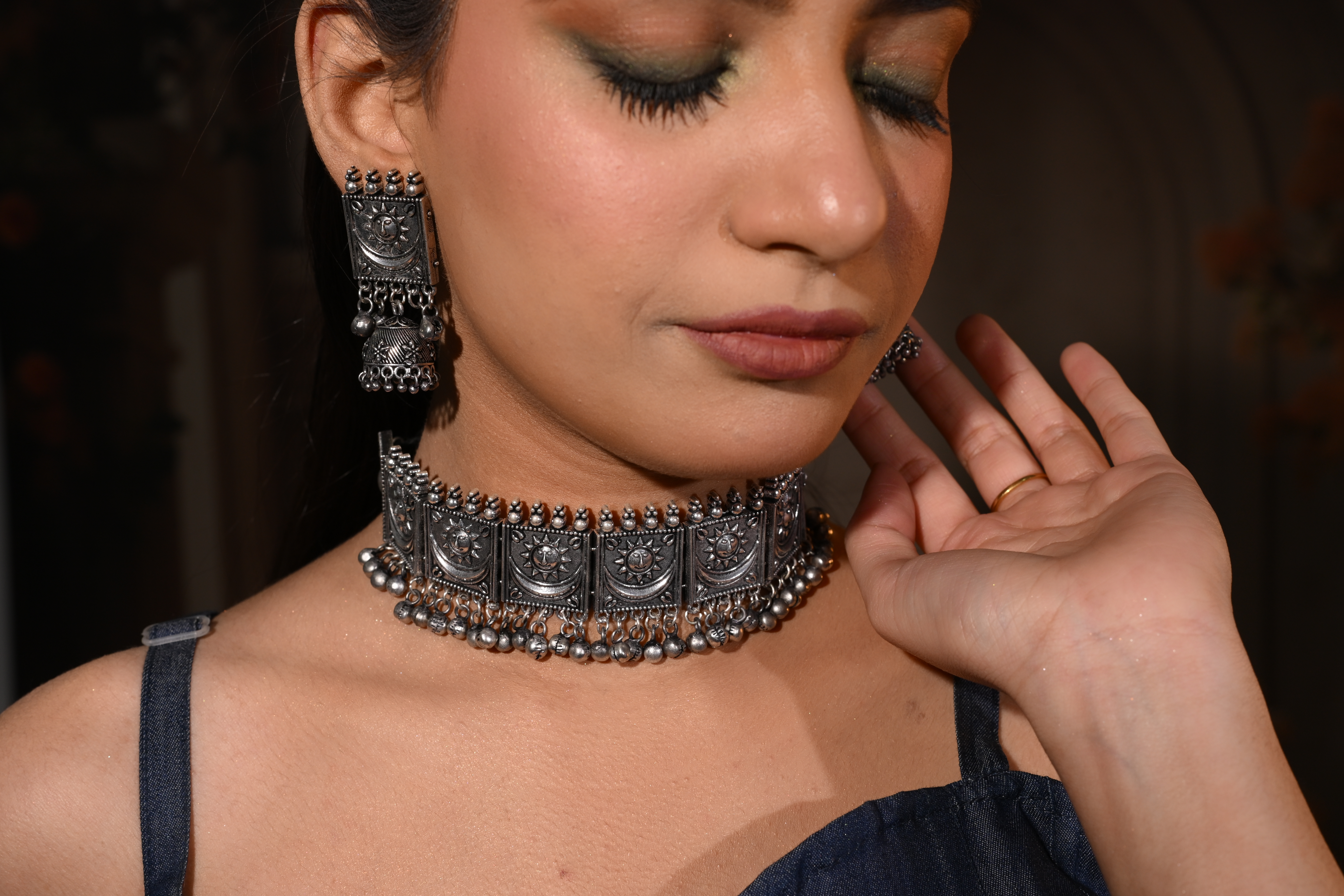 Tribal Sun-Motif Oxidised Mirror Choker Set