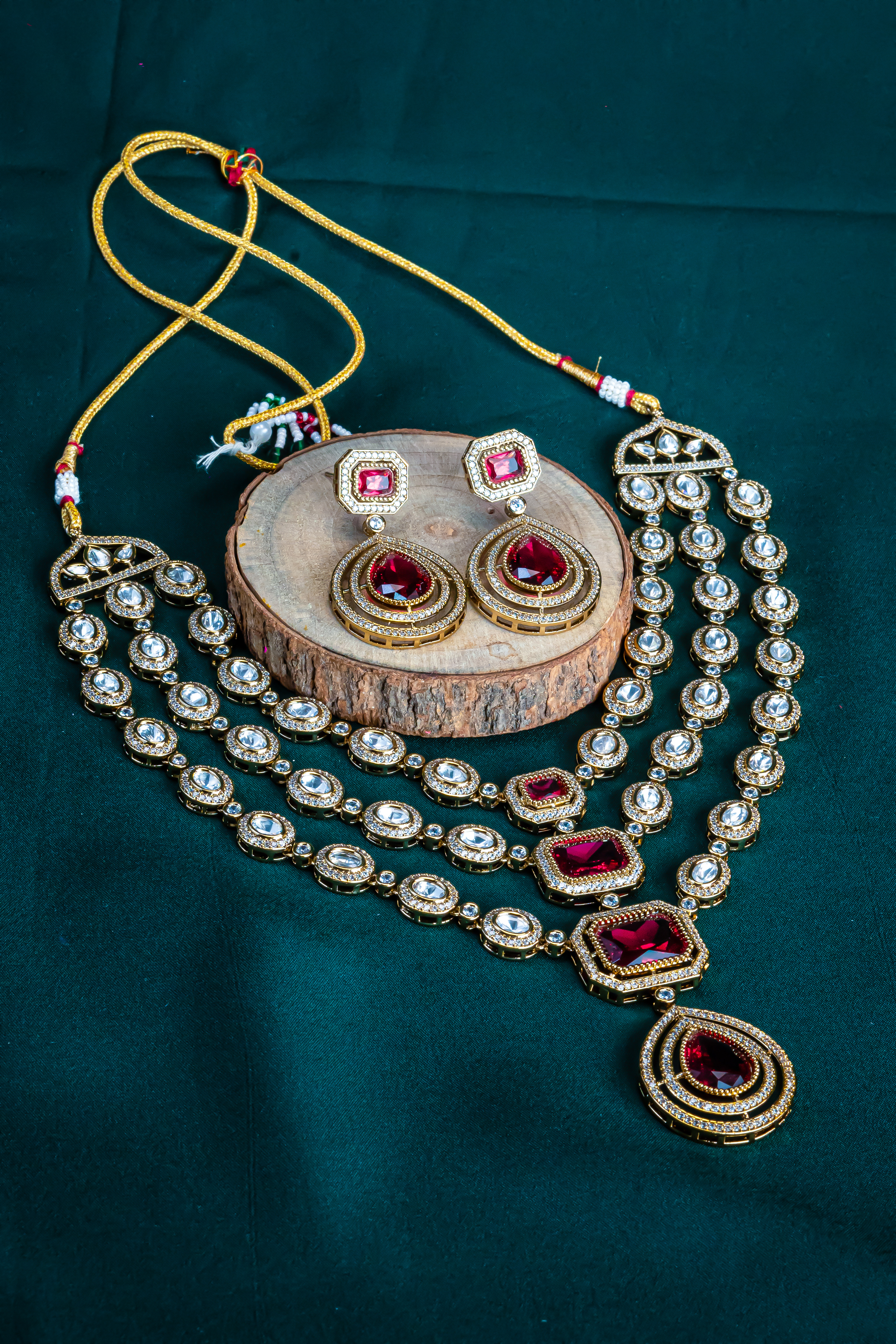 Antique Red CZ Three Line Necklace